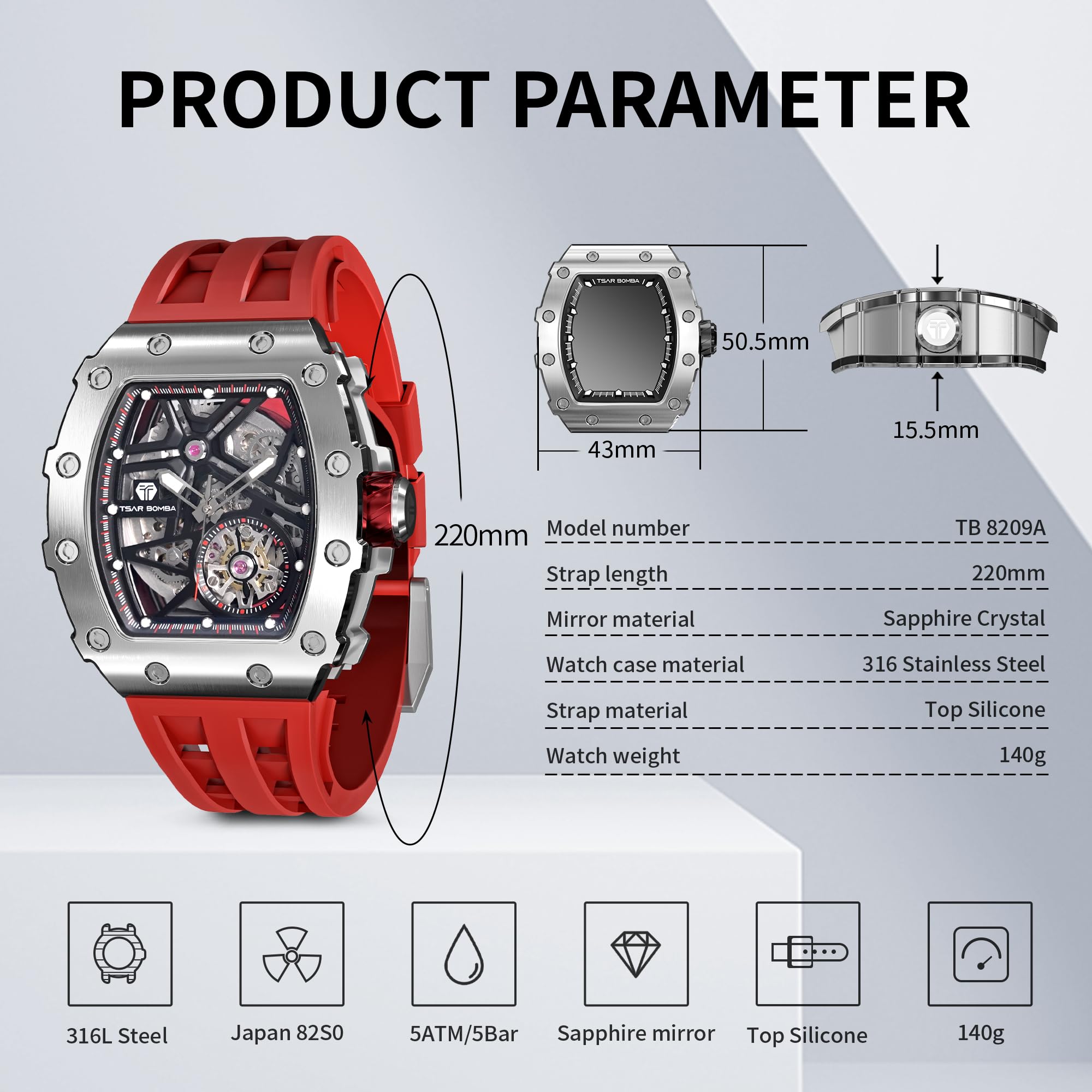 TSAR BOMBA Men's Automatic Skeleton Watch - Luxury Tonneau Design, 50M Waterproof, Silver Square Big Face with Silicone Strap - Perfect for Business, Formal Events & Everyday Wear