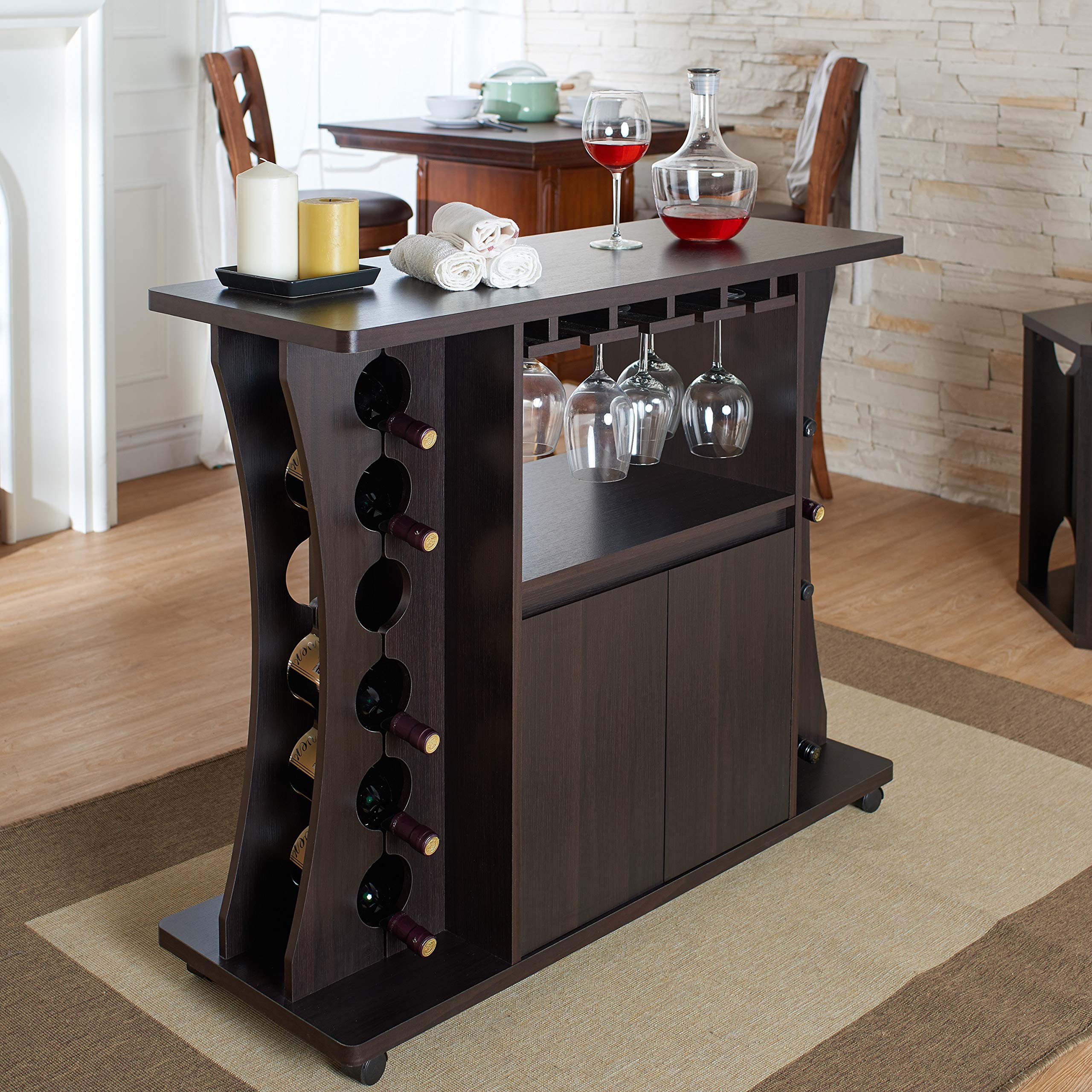 Modern Brown Espresso Buffet with Wine Rack - Solid Wood & MDF Metal Veneer Finish - Perfect for Dining Room Storage & Wine Display