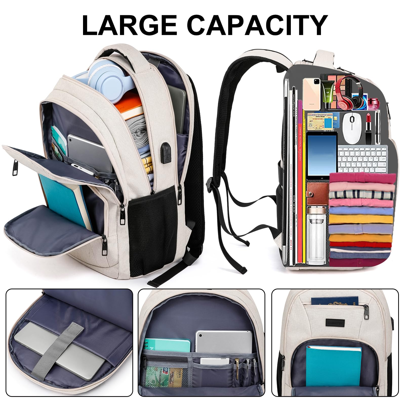 Durable School Backpack for Teens & College Students - Laptop Backpack with USB Charging Port, Ergonomic Book Bag for Men & Women (Beige) - Perfect for School, Travel & Daily Commute