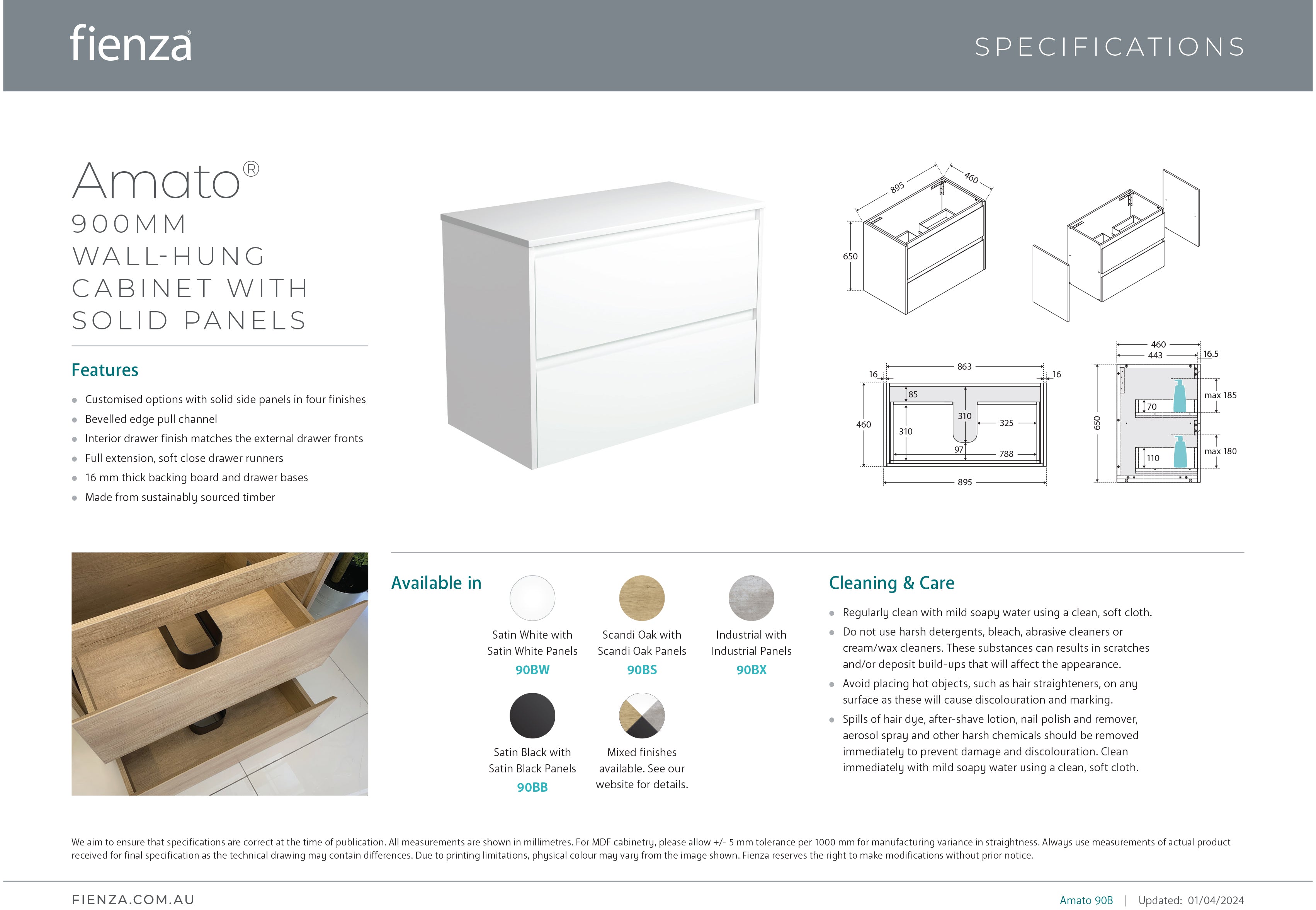 Fienza 90BWS Amato 900 Wall Mounted Bathroom Vanity Cabinet - Scandi Oak Panels in Satin White Finish (Cabinet Only) - Perfect for Modern Bathroom Renovations & Small Space Solutions