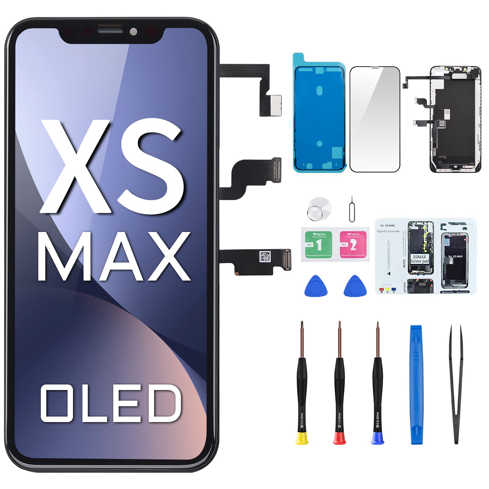 iPhone Xs Max OLED Screen Replacement 6.5 Inch with Front Speaker, Proximity Sensor & 3D Touch - Full Display Assembly Repair Kit for Models A1921 A2101 A2102 A2103 A2104 | Perfect for DIY Phone Repair at Home or Professional Tech Shops
