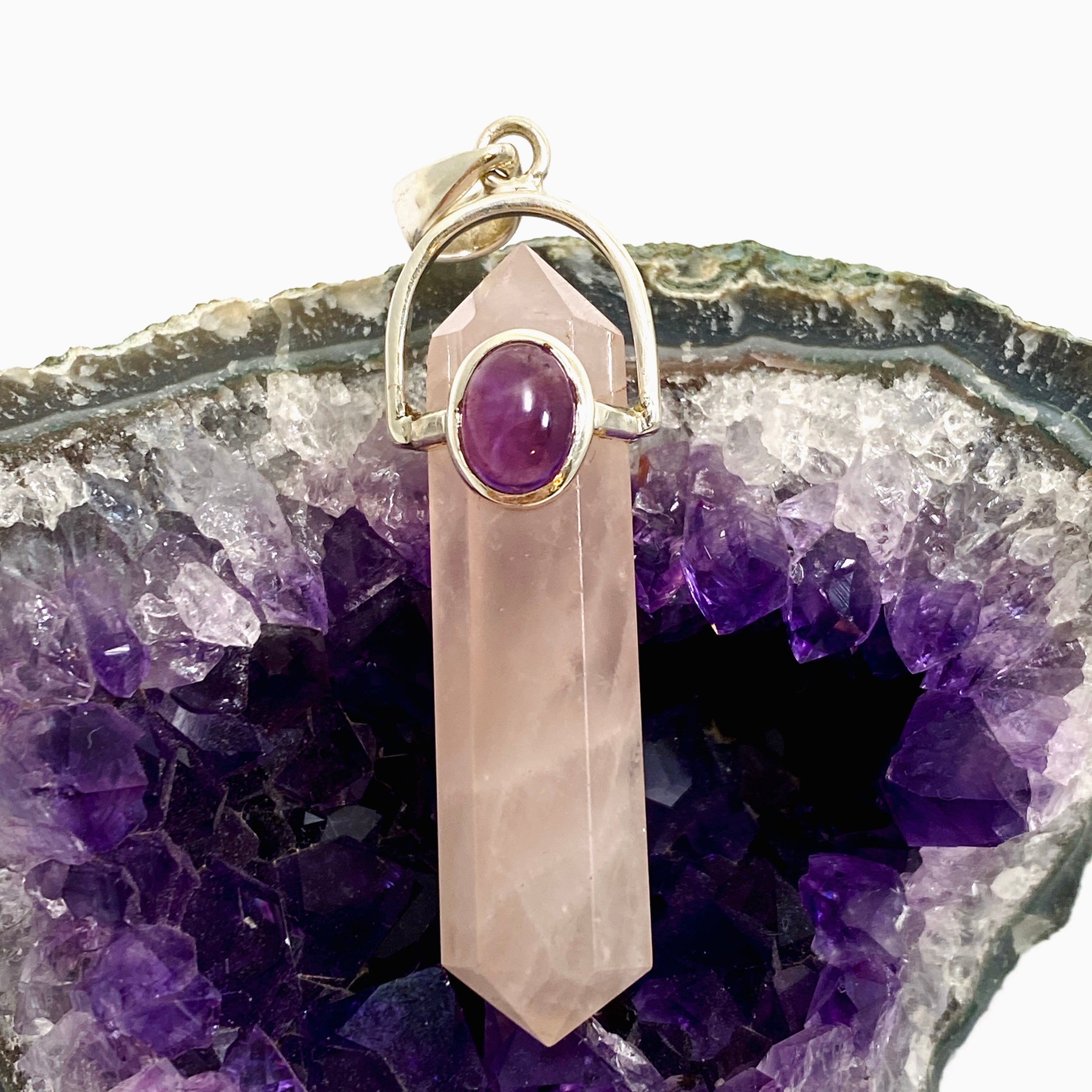 Natural Rose Quartz Double Point Pendant Necklace with Amethyst Accent Stone - PPGJ1023 | Healing Crystal Jewelry for Meditation, Energy Balancing & Spiritual Gifts