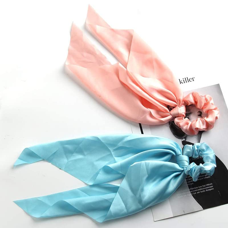 CHRONEX 8-Piece Satin Chiffon Hair Bows Set - Long Tail Elastic Ribbon Headbands, Scarf Scrunchies & Ponytail Holders for Women Girls (Elegant Bowknot Design) - Perfect for Parties, Weddings, School Events & Daily Hair Accessories