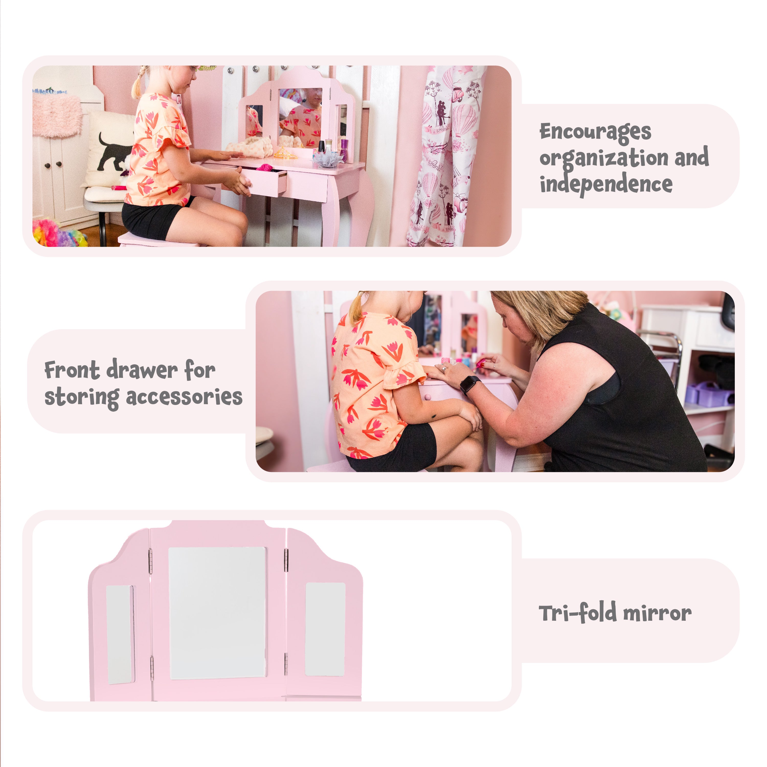 Sunnydaze Beauty Bliss Kids' Vanity Set with Mirror and Stool - Perfect for Pretend Play, Dress Up & Birthday Gifts for Girls