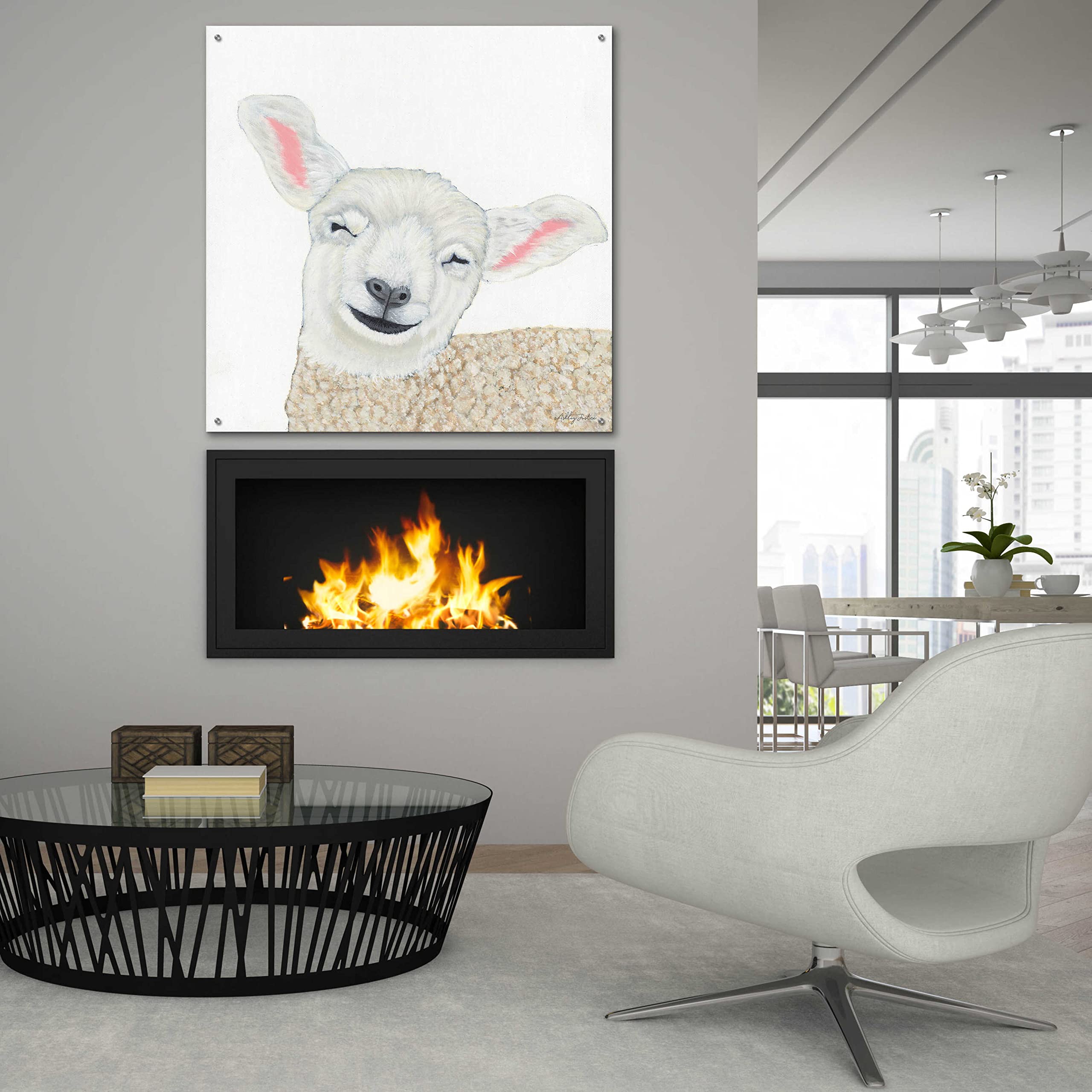 Epic 'Smiling Sheep' Acrylic Glass Wall Art by Ashley Justice - 36x36 Inches Modern Home Decor for Living Room, Bedroom & Office