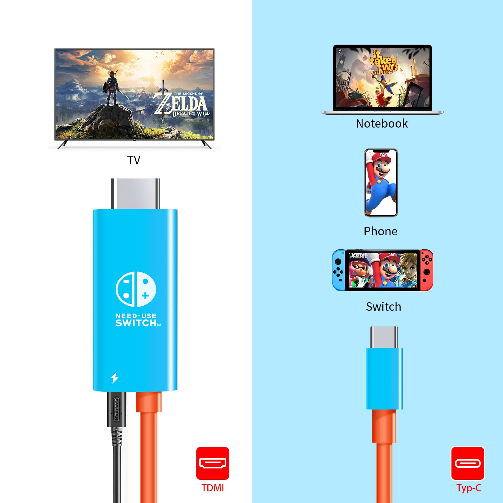USB Type C to HDMI Converter Cable for TV Dock Mode - Compatible with Nintendo Switch, Steam Deck, Smartphones & PC - Perfect for Gaming, Presentations & Home Entertainment