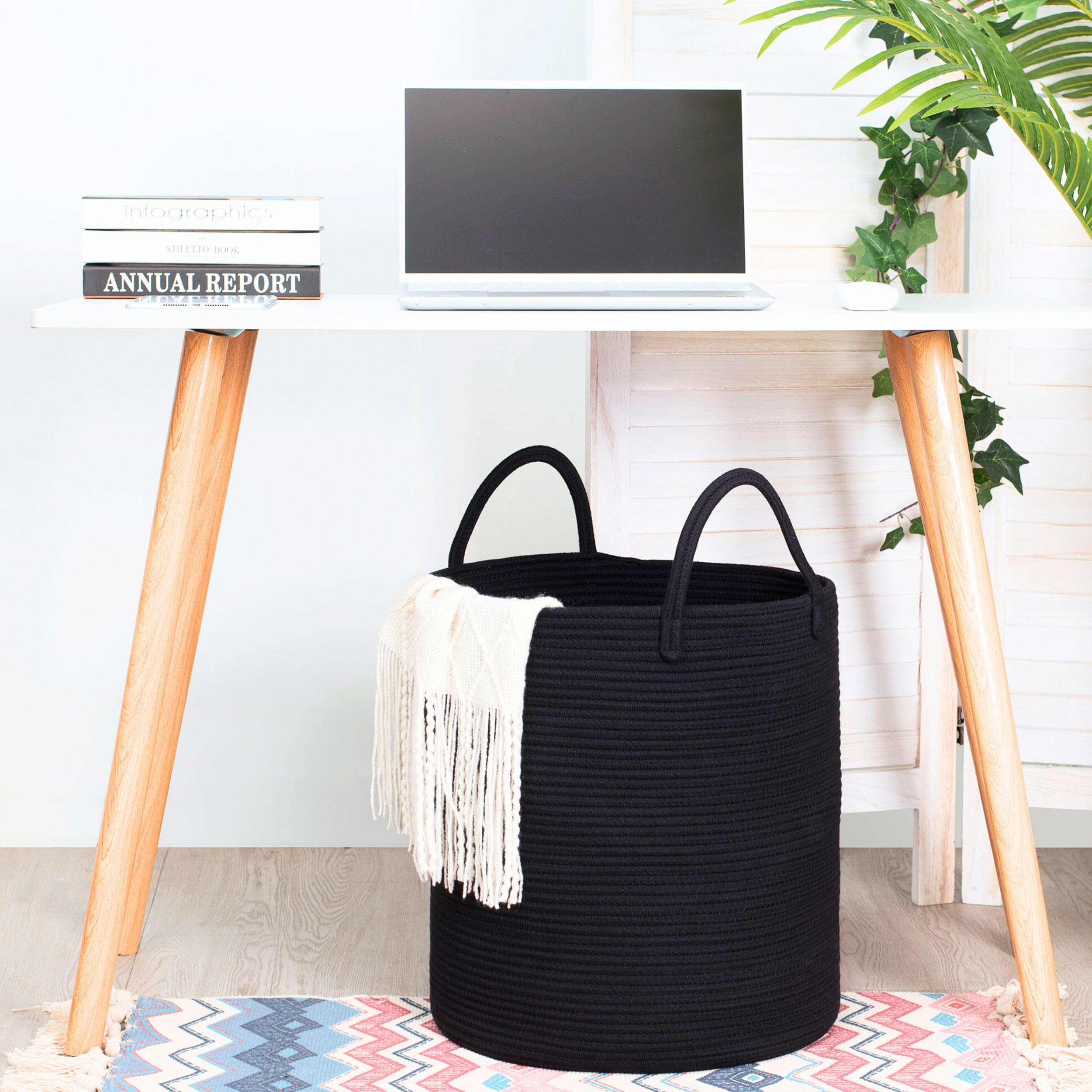 MINTWOOD Large 18x16 Inch Woven Cotton Rope Storage Basket - Black Laundry Hamper, Blanket & Toy Organizer for Living Room, Bedroom, Nursery | Perfect for Towels, Pillows, Throws & Home Decor Storage