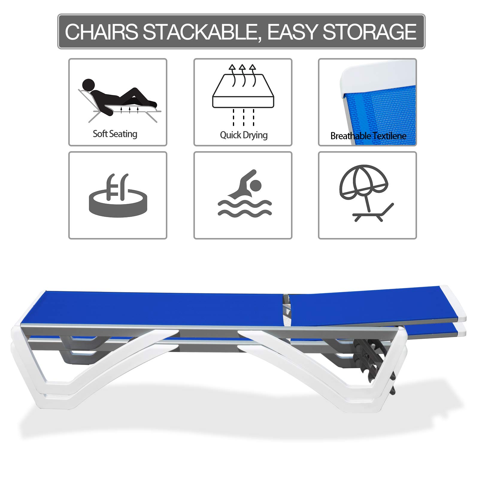 **Domi Outdoor Living Adjustable Aluminum Patio Chaise Lounge - Lightweight Plastic Pool Lounge Chair Set (2 Blue Lounges with Side Table) - Perfect for Backyard, Poolside & Beach Relaxation**