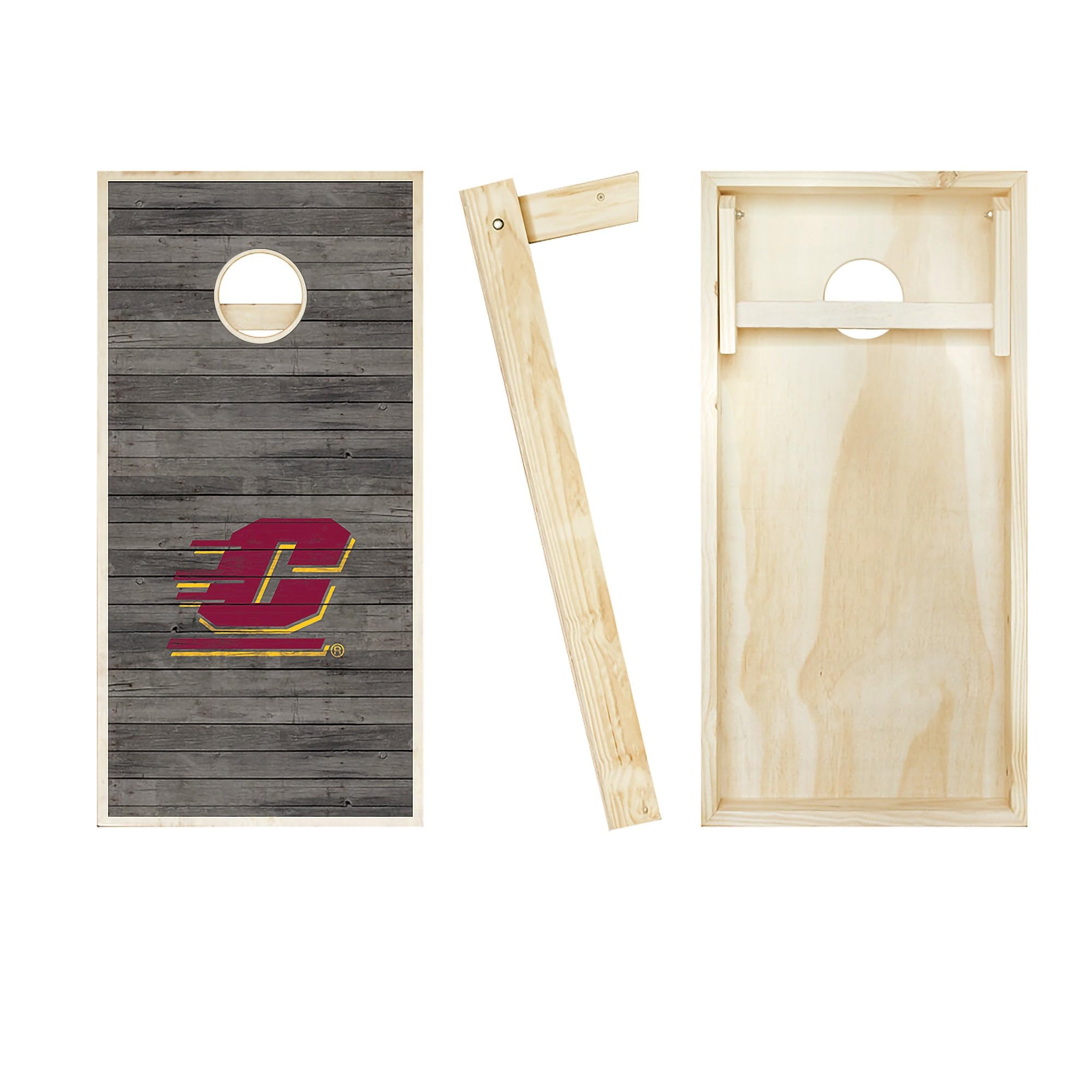Skip's Garage Central Michigan Distressed Cornhole Board Set - Custom Team Logo Design - Regulation Size Cornhole Game Boards for Tailgating, Backyard Parties & Outdoor Events