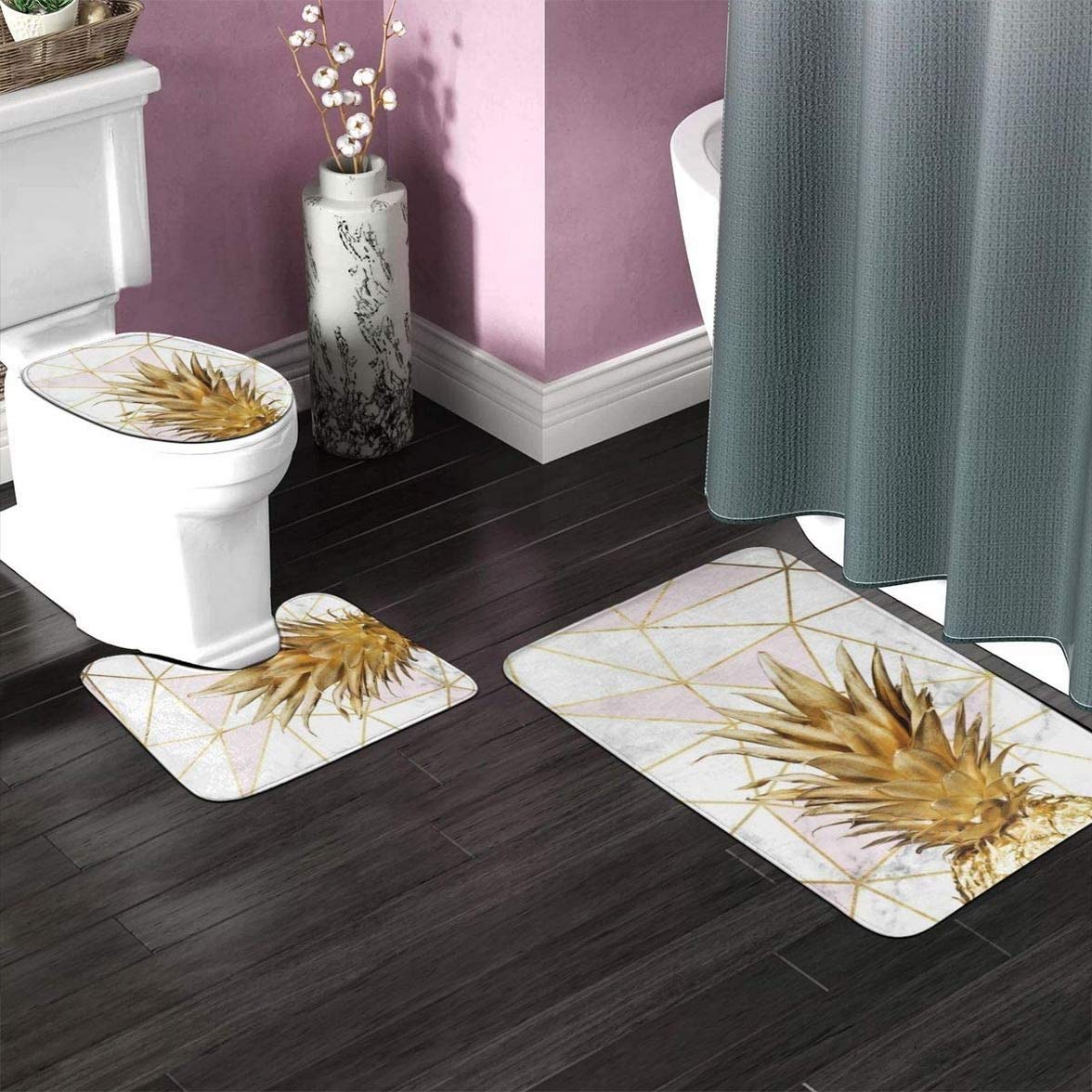 Rose Gold Marble Geometric Pineapple Bathroom Rug Set - 3 Piece Non-Slip Contour Mat, Toilet Lid Cover & U-Shaped Mat for Bathroom Decor, Shower Accessories | Perfect for Coastal, Tropical & Boho Style Bathrooms