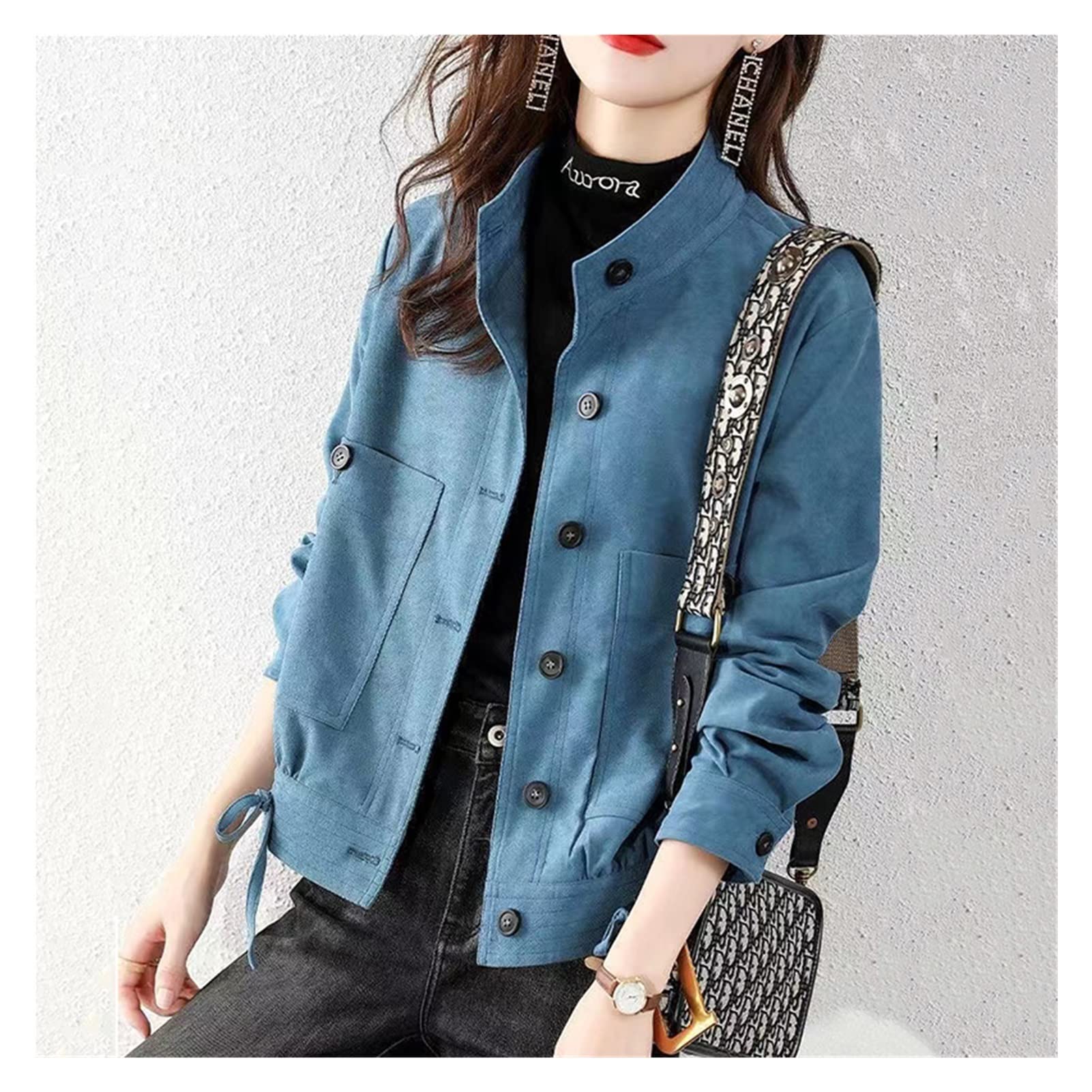 Stand-Up Collar Corduroy Women's Jacket - Office Lady Single-Breasted Cropped Coat (Color A, Size XXL) | Perfect for Work, Business Meetings & Fall Fashion Outfits