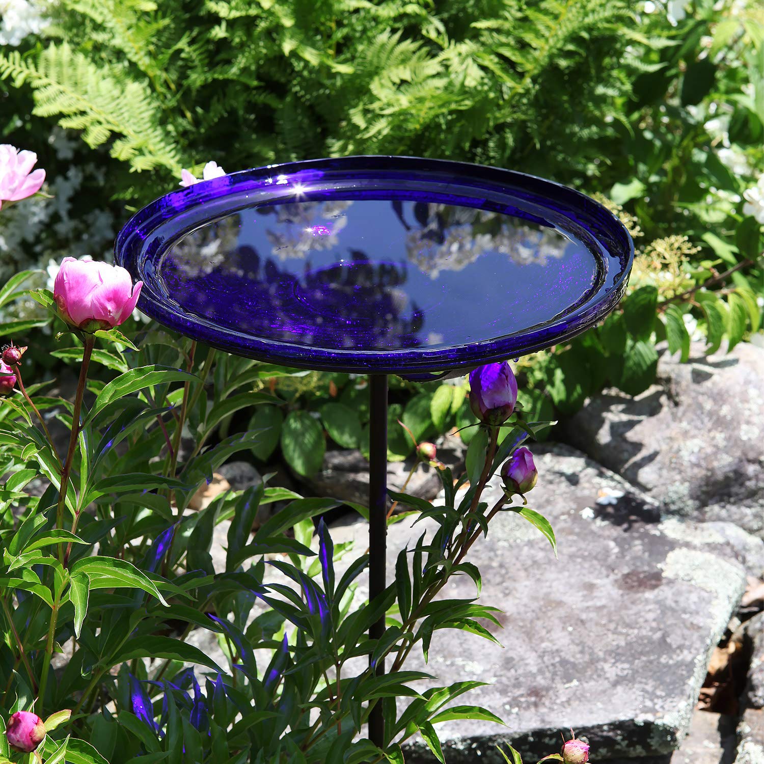 Achla Designs 14-inch Crackle Glass Birdbath Bowl with Stake - Cobalt Blue Outdoor Garden Decor for Birds and Wildlife
