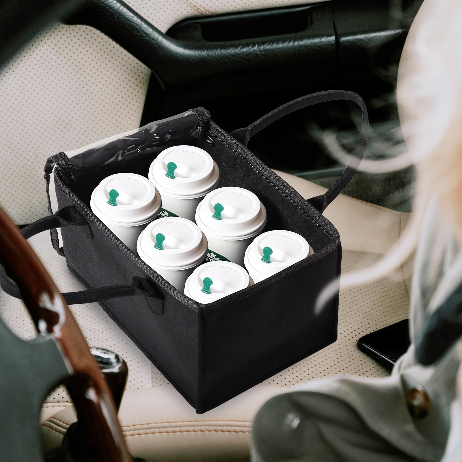 Portable 6-Cup Drink Carrier with Handle - Sturdy Black Beverage Holder for Coffee, Soda & Smoothies - Perfect for Parties, Picnics & Office Use