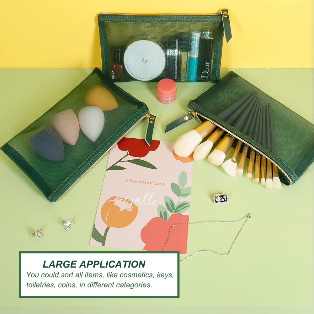 4-Piece Mesh Cosmetic Bag Set with Leather Pull & Gold Zipper - Waterproof Nylon Makeup Organizer for Travel, Purse, Diaper Bag (Emerald Green) - Perfect for Gym, Vacation & Daily Essentials Storage