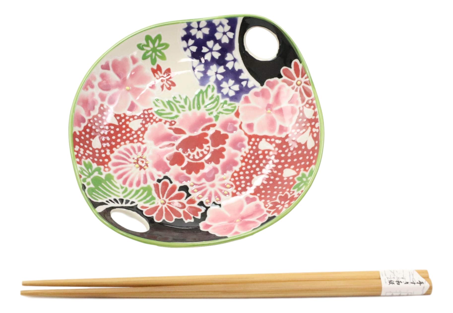 Ebros Pink Sakura Cherry Blossom Appetizer Plate Set with Chopsticks & Built-in Rest - 7