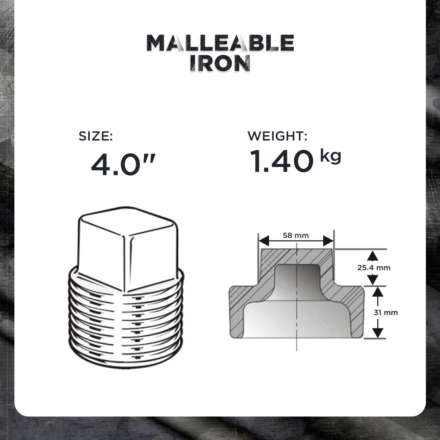 BMPL4000-5 Black Malleable Iron Pipe Plug Fitting - 4 Inch Square Head Threaded Connector (Pack of 5) - Ideal for Plumbing, HVAC, and Industrial Pipe Systems