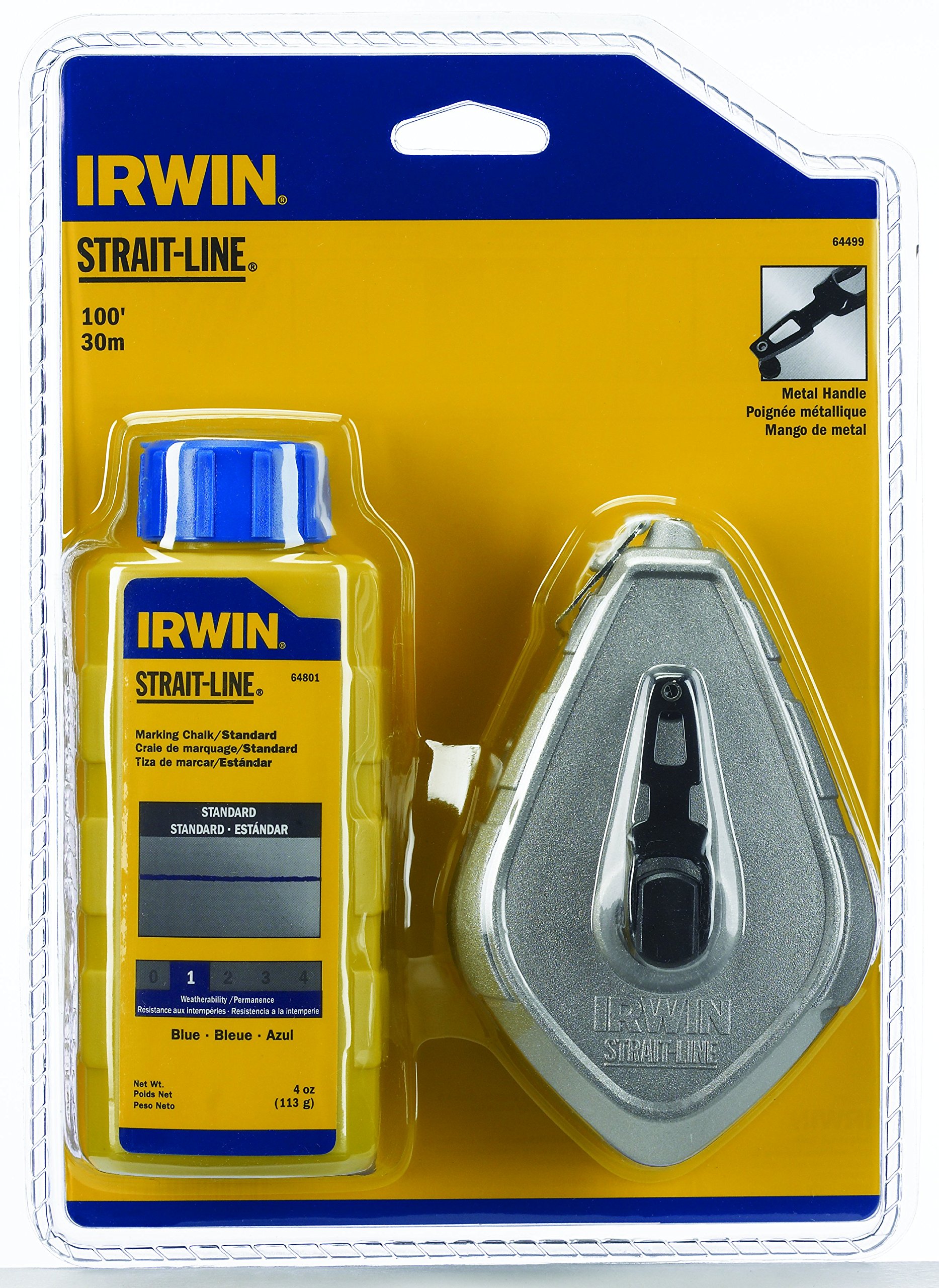 IRWIN STRAIT-LINE 64499 100-Foot Refillable Chalk Line Reel with 4oz Blue Chalk - Durable Aluminum Construction for Construction, Carpentry & DIY Projects