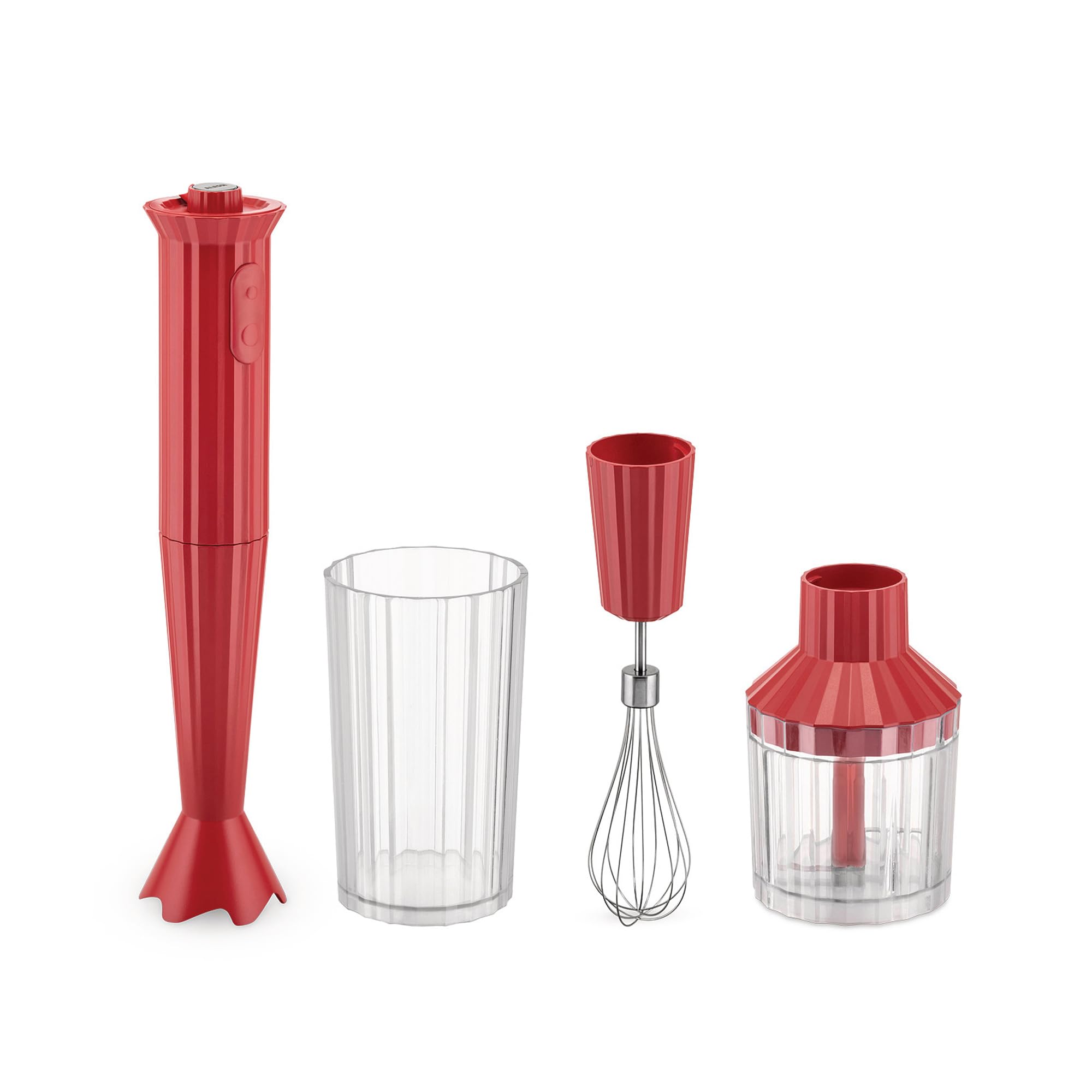 Alessi Plissé MDL10SR/US 200W Hand Blender Set with Measuring Cup, Whisk & Chopper - Thermoplastic Resin, US Plug, Red - Perfect for Smoothies, Soups & Baby Food Preparation