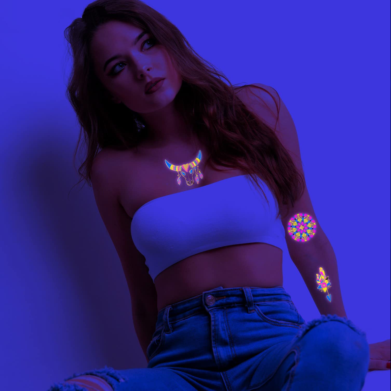 UV Glow Neon Temporary Tattoos - Lion, Tiger, Wolf & Armband Designs | Waterproof Fake Tattoo Stickers for Women, Men & Kids (21x15cm) | Perfect for Parties, Festivals & Body Art