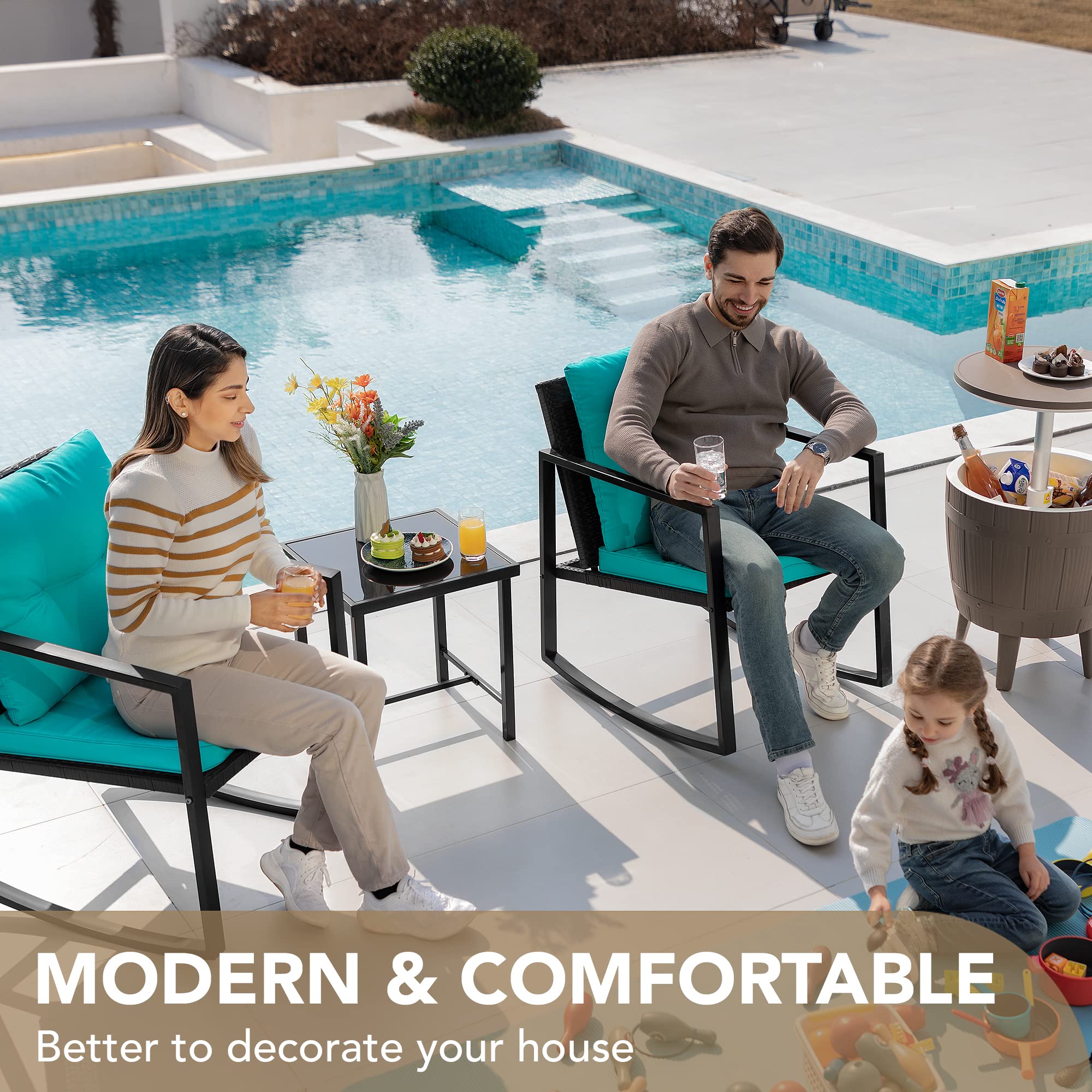 Devoko 3-Piece Wicker Patio Furniture Set - Outdoor Rocking Bistro Chairs with Glass Coffee Table for Porch, Garden & Backyard (Blue) | Perfect for Relaxing, Entertaining & Outdoor Dining