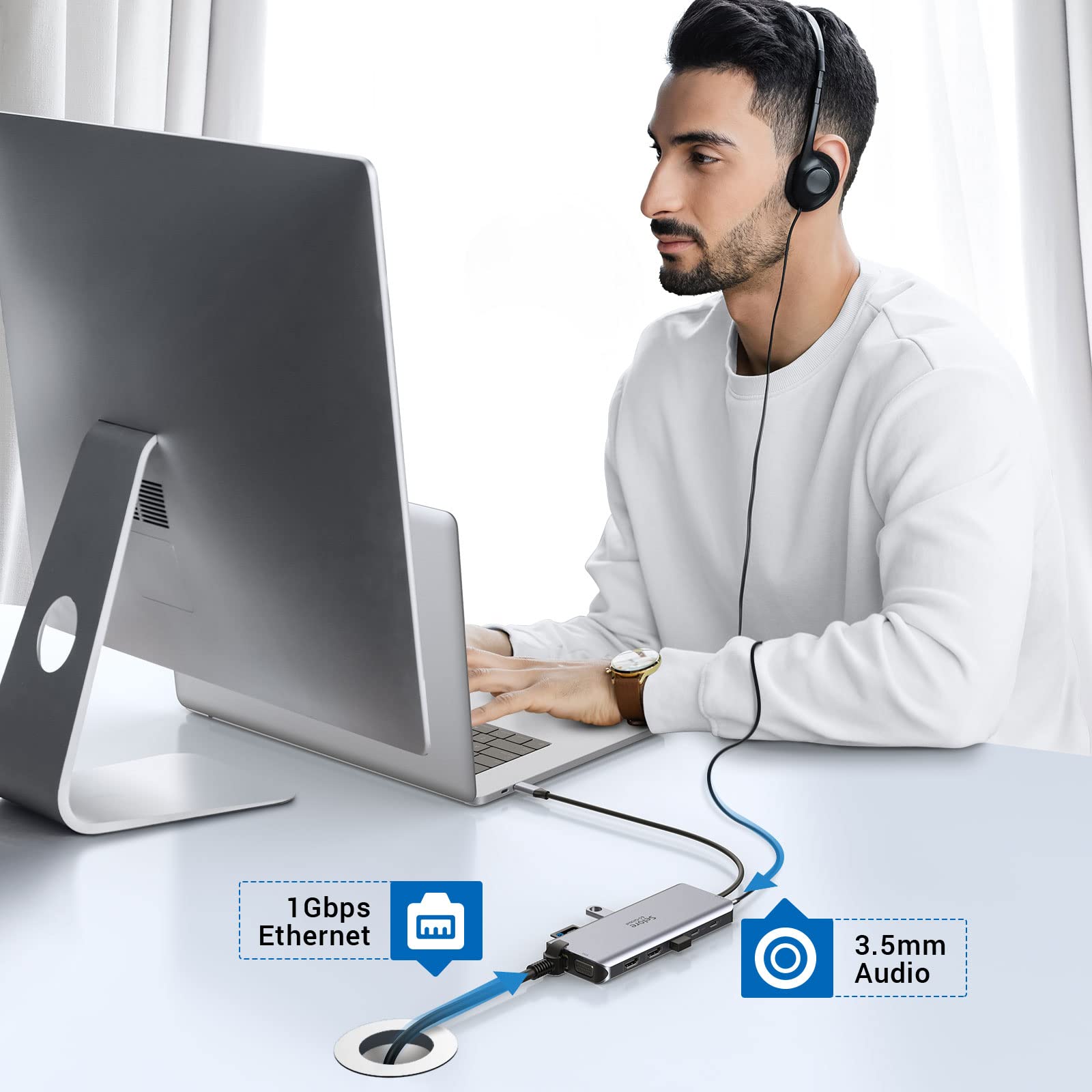 14-in-1 USB C Docking Station Dual Monitor - Triple Display 4K HDMI & VGA Adapter, 10Gbps Data Transfer, 3 USB 3.0 & 2 USB 2.0 Ports, Gigabit Ethernet, 100W PD Charging, SD/TF Card Reader, 3.5mm Audio - Perfect for Home Office, Remote Work & Multi-Screen Productivity