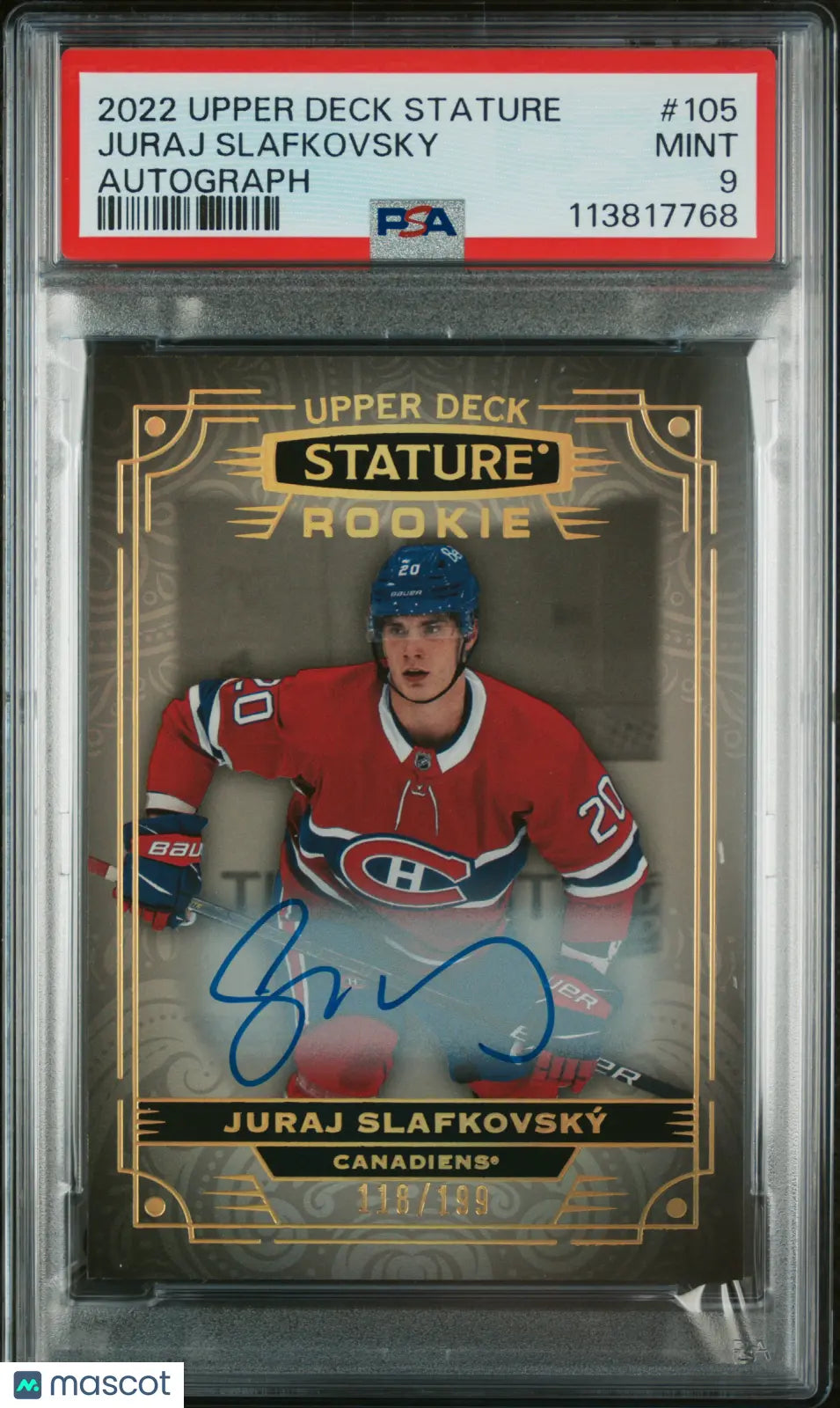 2022 Upper Deck Stature Juraj Slafkovsky RC Rookie Autograph PSA 9 /199 - Hockey Collectible Card for Fans & Investors - Perfect for Display, Trading, and Memorabilia Collections