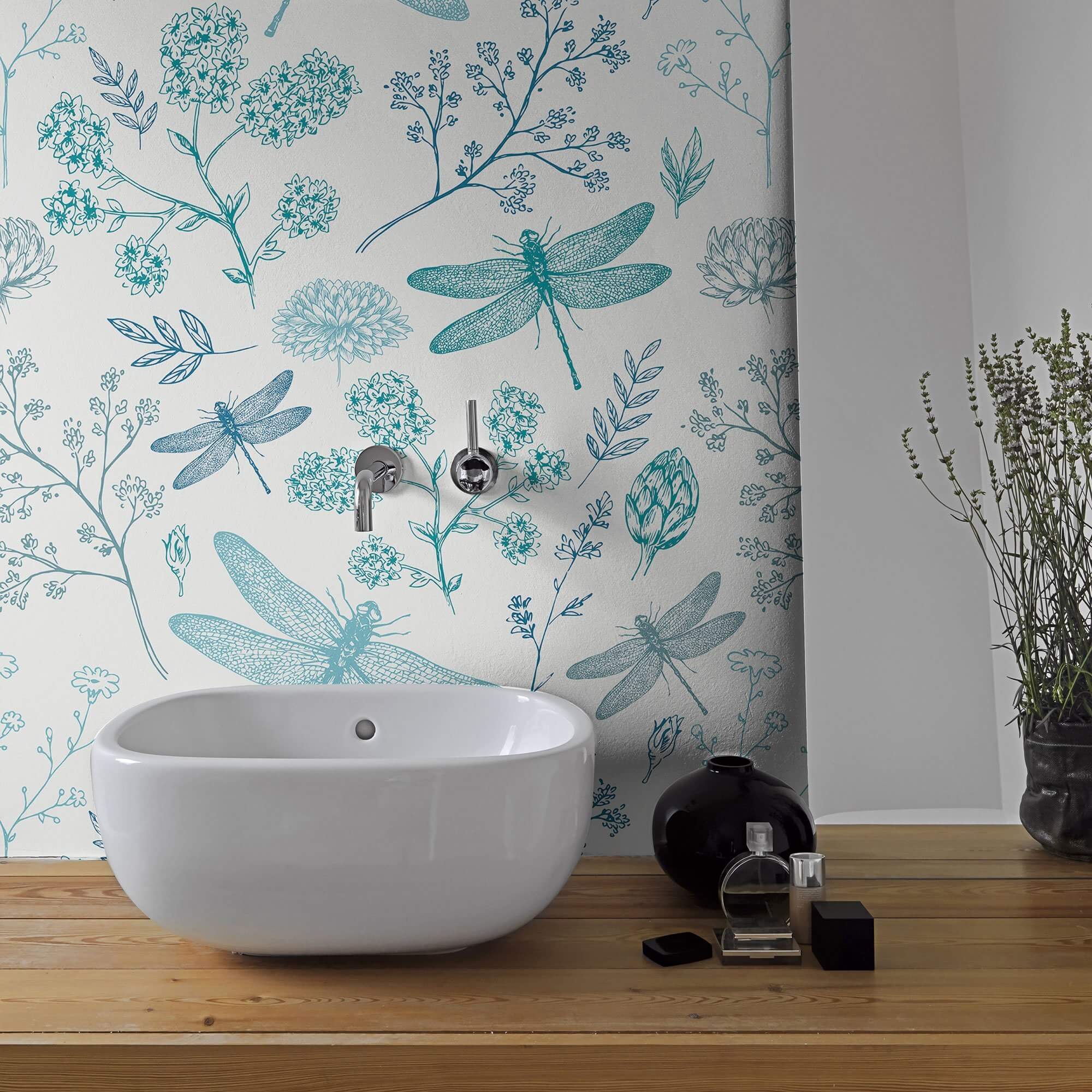 Navy Blue & Aqua Floral Animal Print Peel and Stick Removable Wallpaper - Self-Adhesive Decorative Wall Covering for Bedroom, Nursery, or Home Office Decor