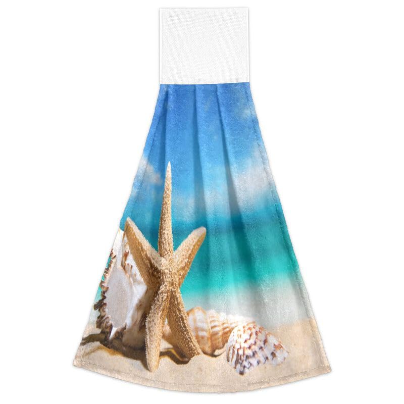 2PCS Beach Seashells & Starfish Hanging Kitchen Towels - Absorbent Dish Cloth with Loop for Oven, Stove & Bathroom - Summer Coastal Home Decor Hand Towel Set for Kitchen & Beach House Decorations