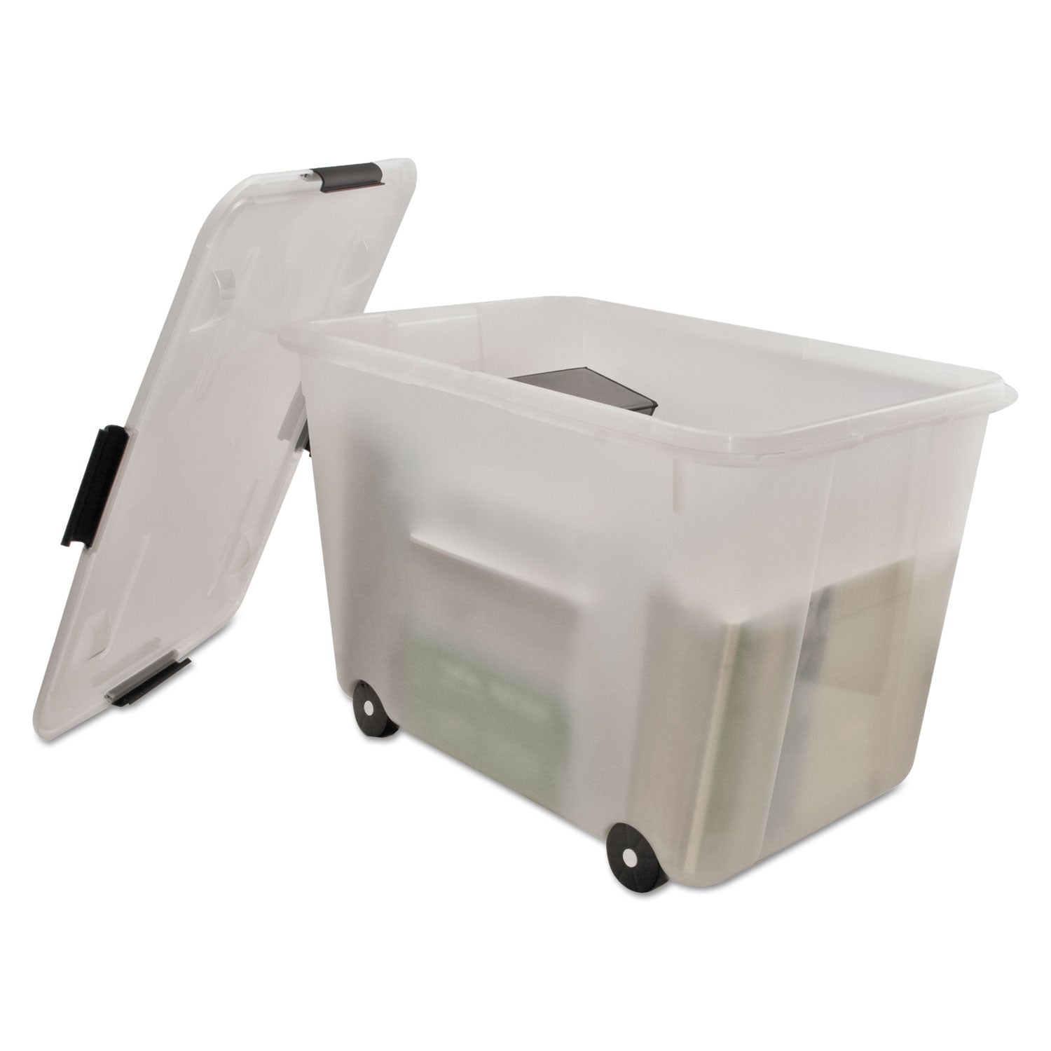 Advantus 15 Gallon Rolling Storage Box with Wheels - Clear Plastic File Organizer for Letter/Legal Documents, 23.75