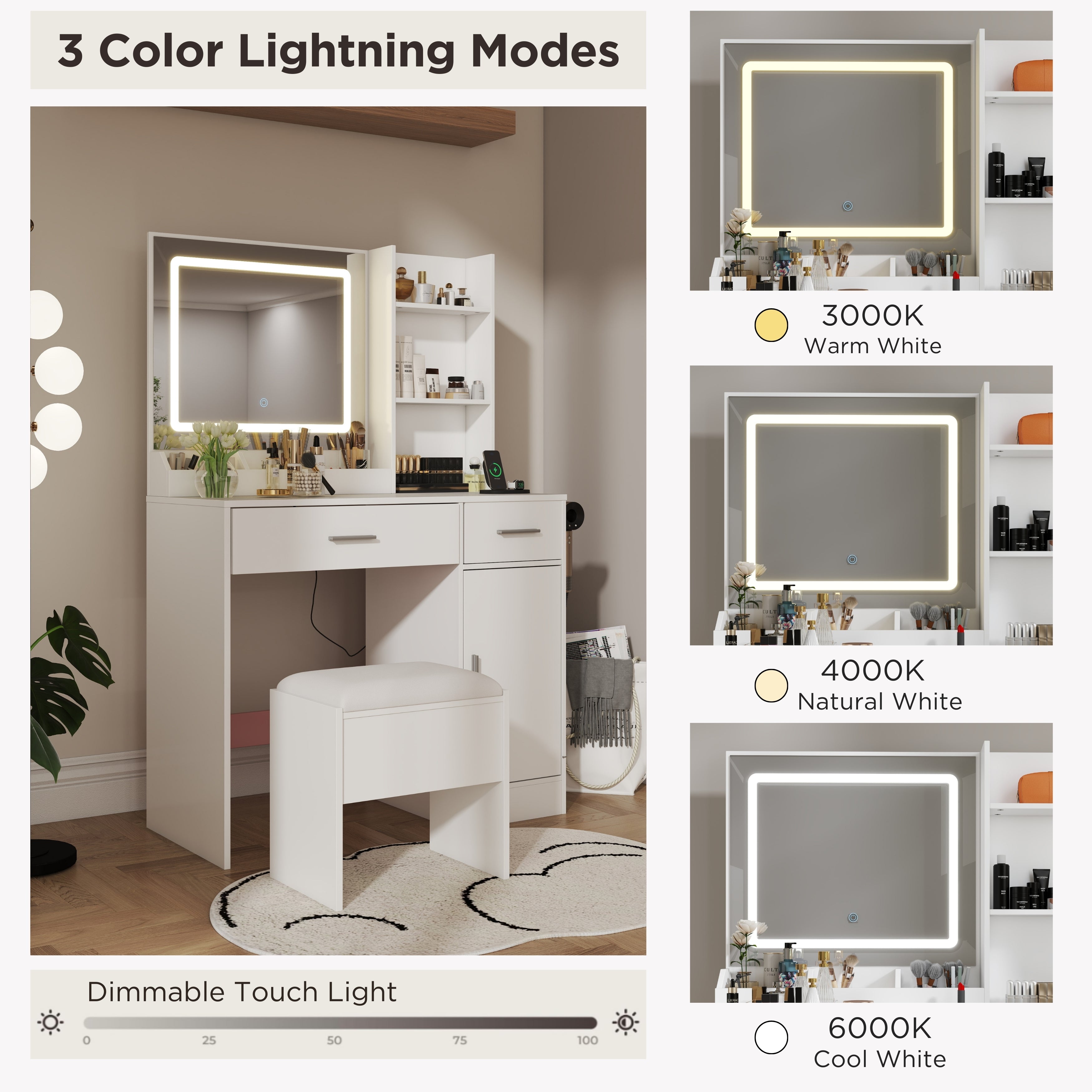 Roundhill Furniture Lavin Makeup Vanity Set with LED Light Mirror & Charging Station - White Vanity Desk & Stool for Bedroom, Dressing Room & Beauty Salon | Modern Makeup Table with Storage & USB Ports
