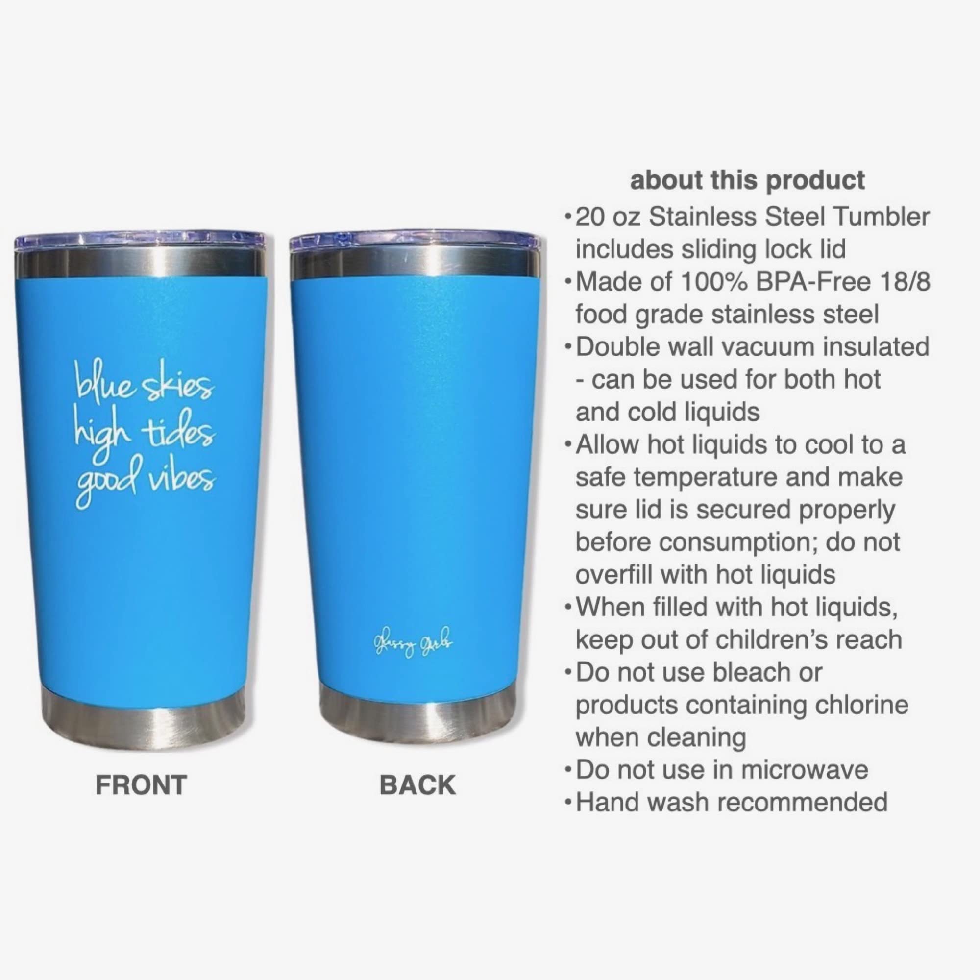 Blue Skies High Tides 20 oz Tumbler - Light Blue Beach & Lake Travel Mug, Tropical Vacation Gift for Beach Days, Lake Getaways, and Outdoor Adventures