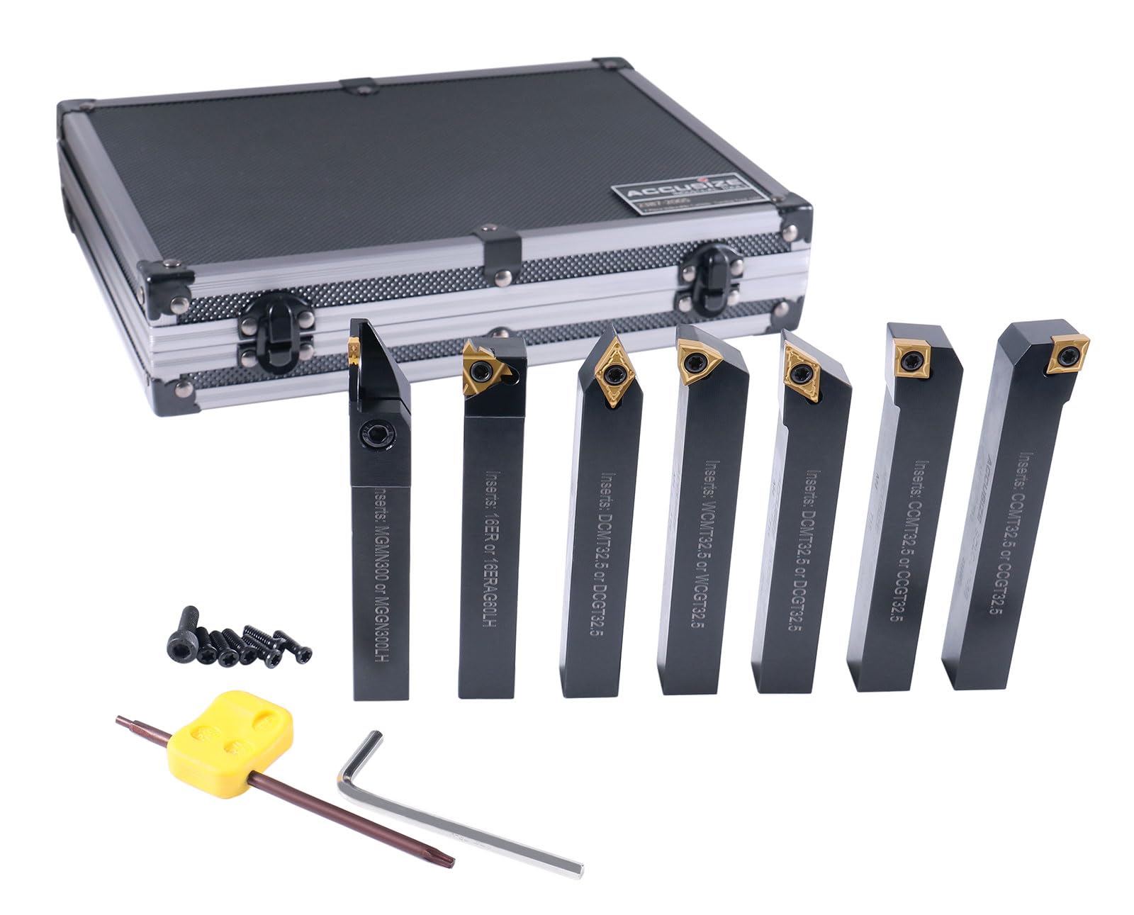 Accusize Industrial Tools 5/8'' Shank 7-Piece Indexable Carbide Turning Tool Set in Fitted Box (2387-2005) - Perfect for Lathe Turning, Metalworking & Machining Projects