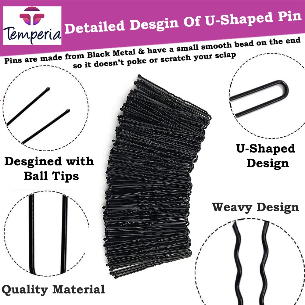 Temperia U-Shaped Hair Pins for Women - 100pcs Black Hair Clips with Storage Box (7cm) | Hair Styling Accessories for Updos, Braids & Bun Hairstyles | Perfect for Daily Use, Weddings & Special Occasions