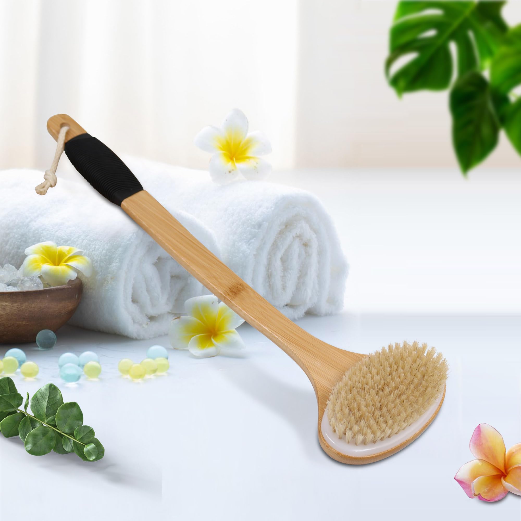 OWIIZI Back Scrub Brush for Shower - Stiff Boar Bristles & Bamboo Long Handle Body Brush for Wet/Dry Use | Deep Cleansing Back Scrubber with Anti-Slip Grip | Perfect for Hard-to-Reach Areas & Exfoliation in Bath or Shower