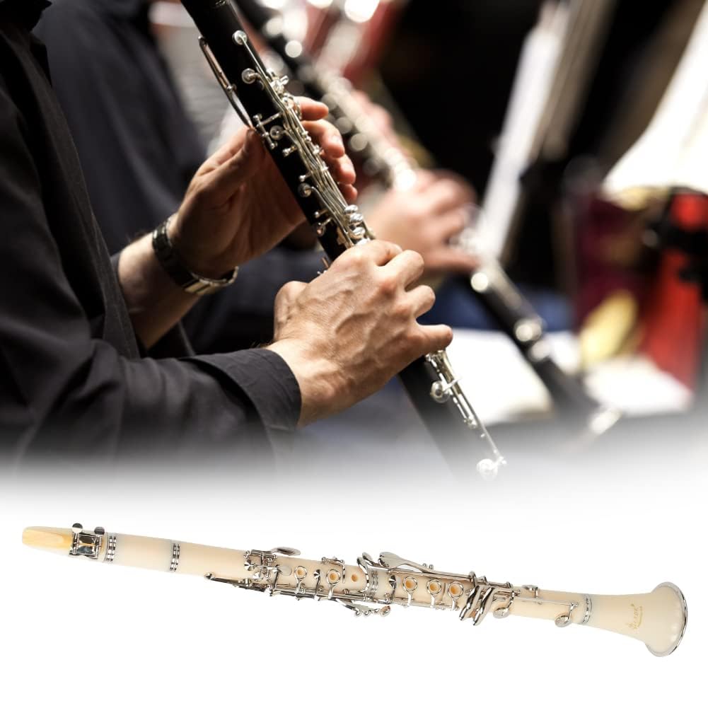 Professional Bb Clarinet 17 Keys with Reed, Hard Case, Gloves & Cleaning Cloth - Ebonite Beginner Clarinet for Students & Adults (White) | Perfect for School Bands, Music Lessons & Home Practice