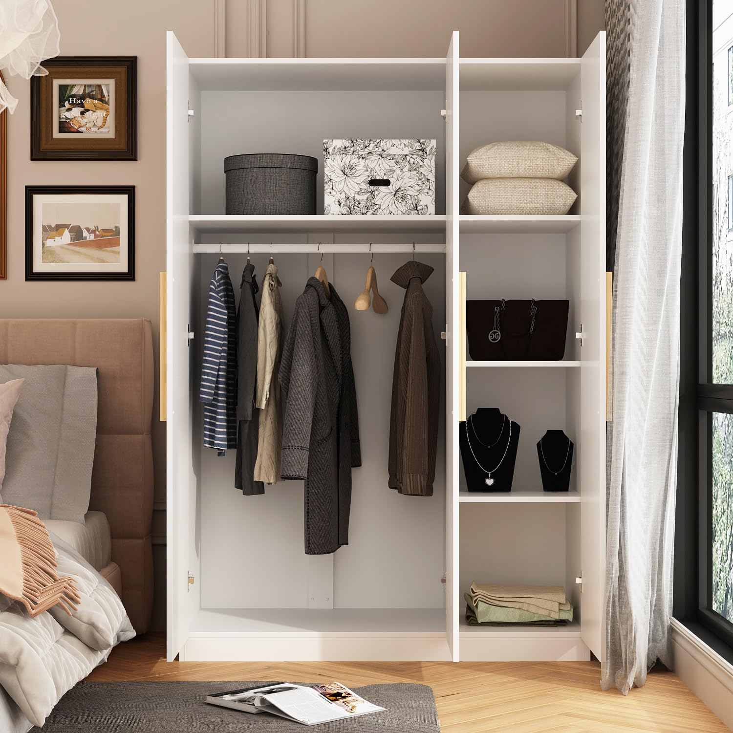 Hitow 3-Door Wardrobe Armoire Closet for Bedroom - White Wooden Storage Cabinet with Hanging Rod & Adjustable Shelves (47.2