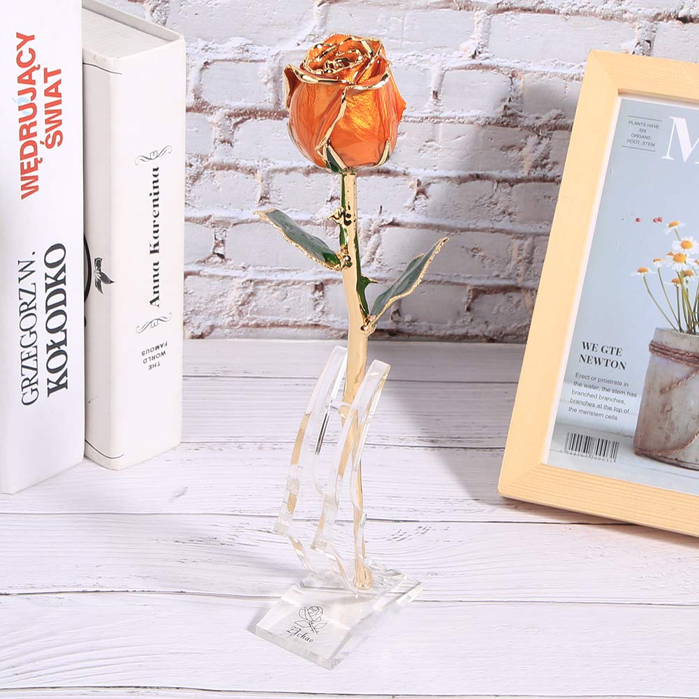 24K Gold Plated Real Rose - Luxury Dipped Flower Gift for Women, Wife, Mom, Grandma - Birthday, Anniversary, Wedding Present - Perfect for Romantic Occasions, Home Decor & Special Celebrations (Orange)