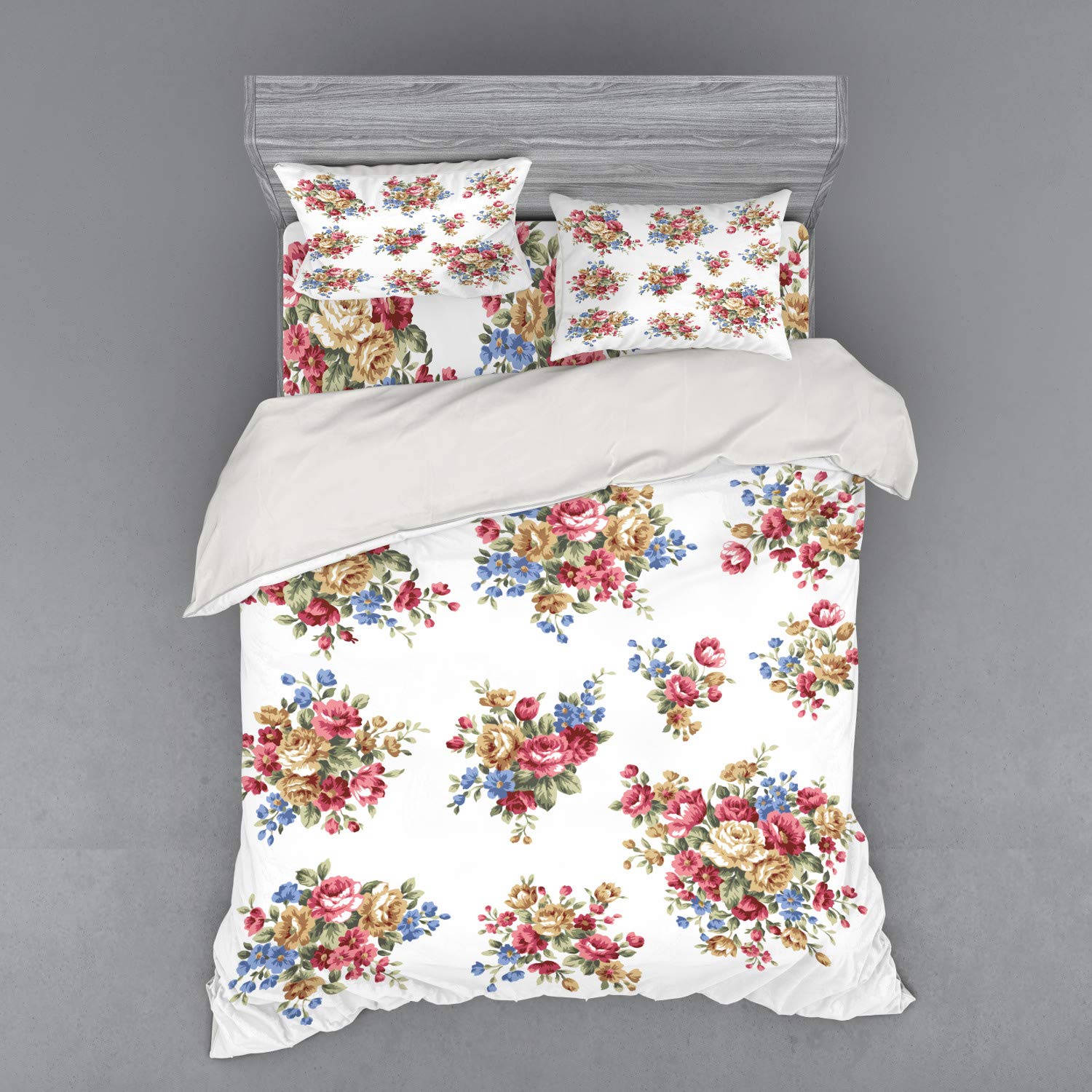 Ambesonne Vintage Floral Duvet Cover Set - Queen Size 4-Piece Bedding with Shams & Fitted Sheet | Romantic Rose Bouquet Design in Dark Coral Blue Tan | Perfect for Wedding, Anniversary Gifts & Boho Bedroom Decor