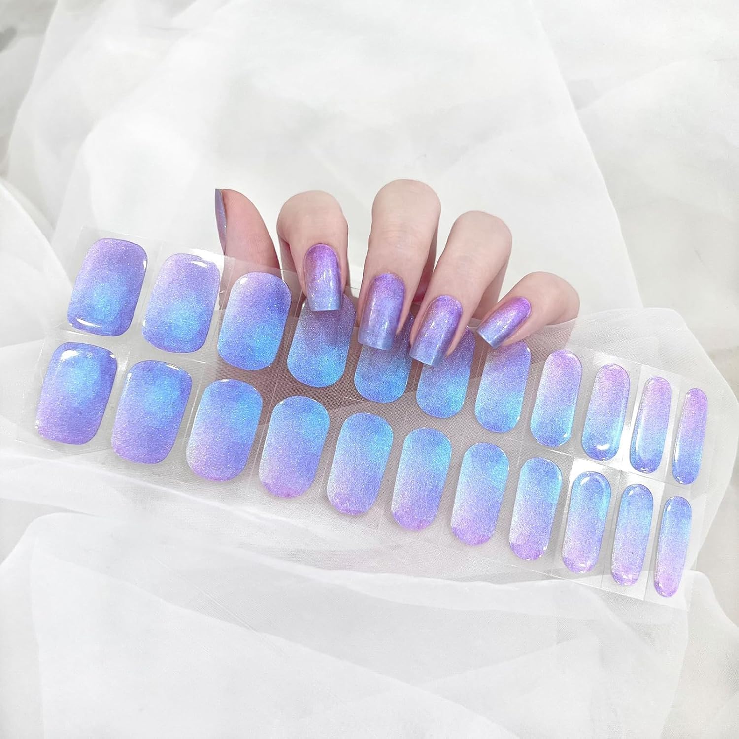 22pcs UV Gel Nail Strips - Long Lasting Semi-Cured Gel Nail Wraps with Easy Application, DIY Nail Art Stickers for Women & Girls (Violet Blue Aurora) | Perfect for Parties, Weddings & Everyday Glam