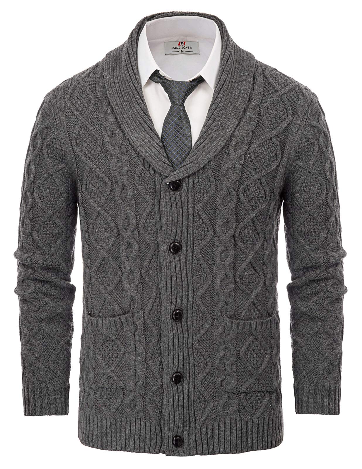 PJ PAUL JONES Men's Cable Knit Shawl Collar Cardigan Sweater - Button Front Aran Knit Pullover for Casual Wear, Office & Winter Outfits