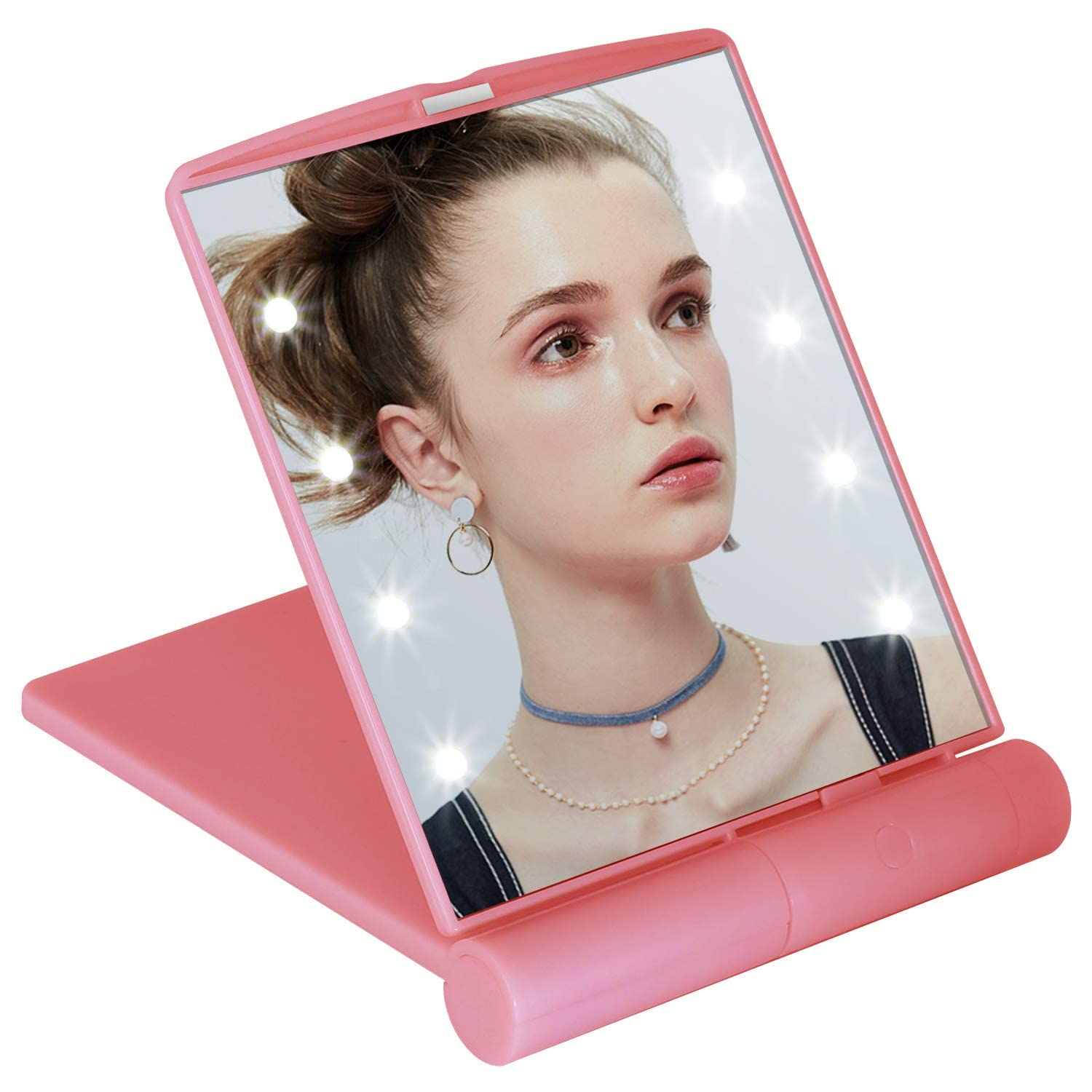 8 LED Travel Makeup Mirror - Compact Folding & Portable for Women (Pink) - Perfect for Travel & Touch-ups