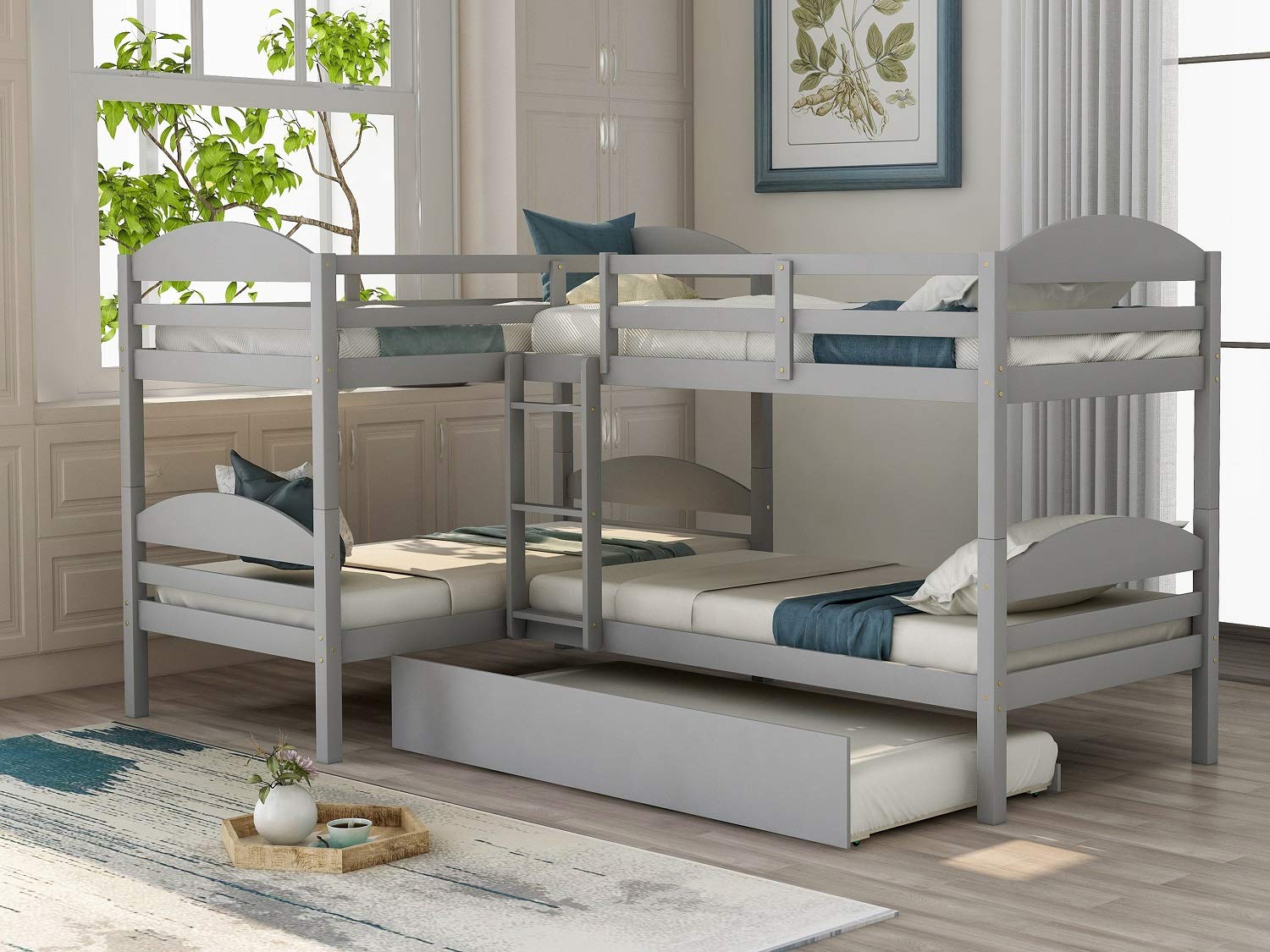 **Danxee Twin L-Shaped Corner Bunk Bed & Loft Bed with Trundle – Solid Wood Twin Bunk Bed with Guardrail – 5-in-1 Space-Saving Kids Bedroom Furniture (Gray) – Perfect for Small Rooms, Shared Kids' Bedrooms & Guest Rooms**