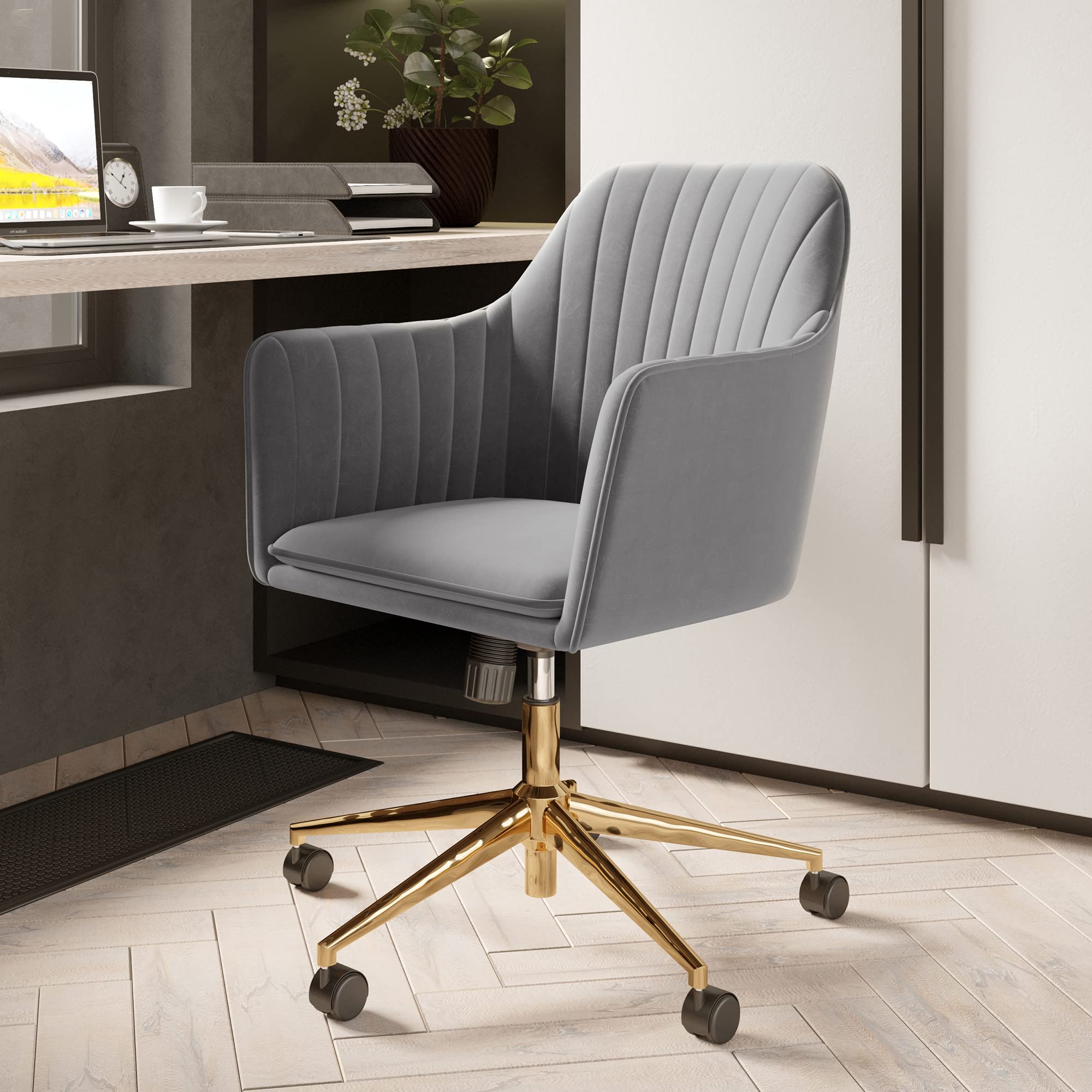 BELLEZE Modern Velvet Swivel Desk Chair with Adjustable Height - Gray & Gold Upholstered Office Chair, Rolling Vanity Armchair for Home & Workspace - Alayah Model - Perfect for Home Office, Study Room & Makeup Station