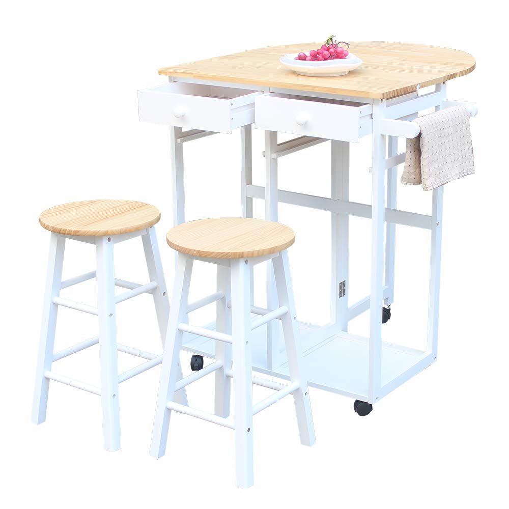 MTFY Small Kitchen Island with 2 Stools - Rolling Casters & Folding Drop Leaf Table with 2 Drawers - Compact Dining Table Set for Small Spaces - Perfect for Breakfast Nook, Apartment Kitchen or Studio (Semicircle Brown)