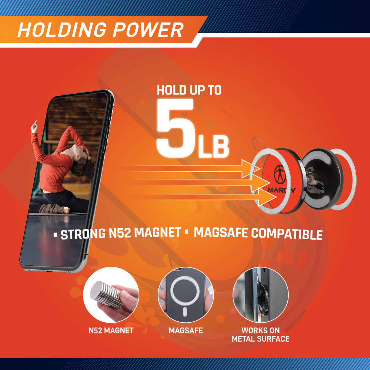 Marcy Magnetic Phone Mount with Dual Rotating Heads - Strong Hold for Car, Office & Home Use - Universal Compatibility for iPhone, Samsung & Smartphones
