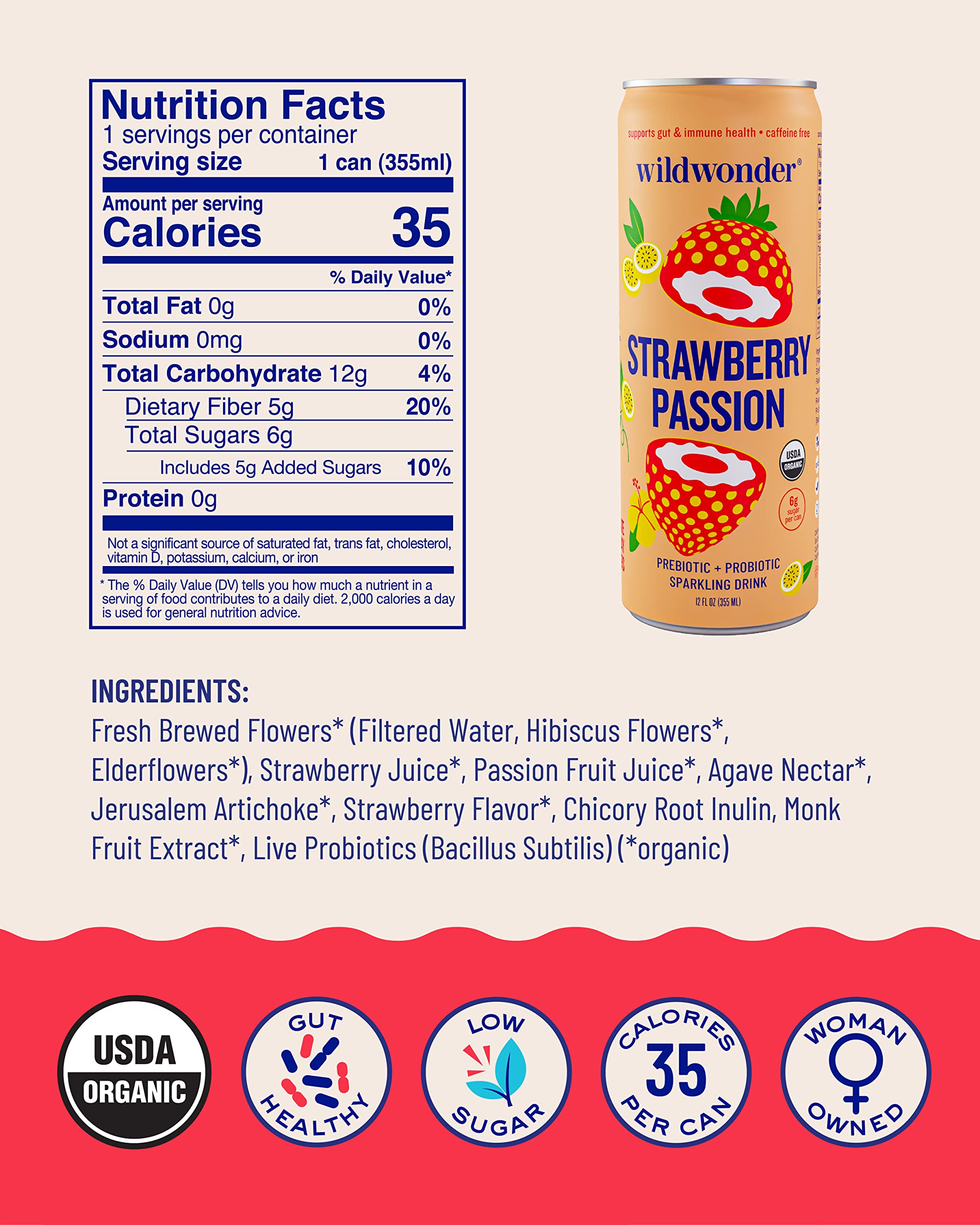 Wildwonder Sparkling Probiotic Juice Drink - Gut Health, Immunity & Digestion Support with 5g Fiber & Live Probiotics | Caffeine-Free, Organic, Vegan, Low Sugar & Low Calorie | 12-Pack 12oz Cans | Perfect for Gut Health, Weight Management & Daily Wellness Routine