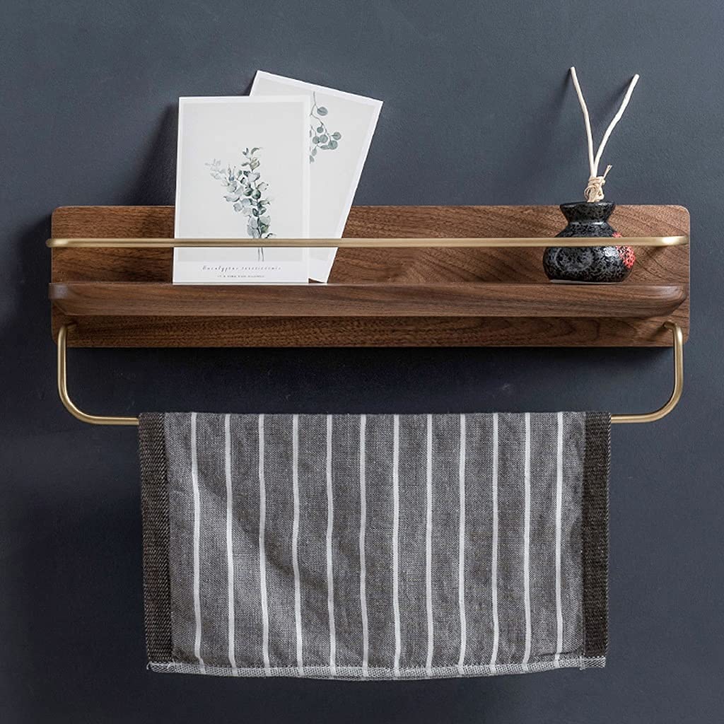 Black Walnut Towel Bar with Brass Double Bar - Wall Mounted Bathroom Towel Rack & Storage Shelf | Space Saving Hanger for Small Bathrooms & Spa Style Decor
