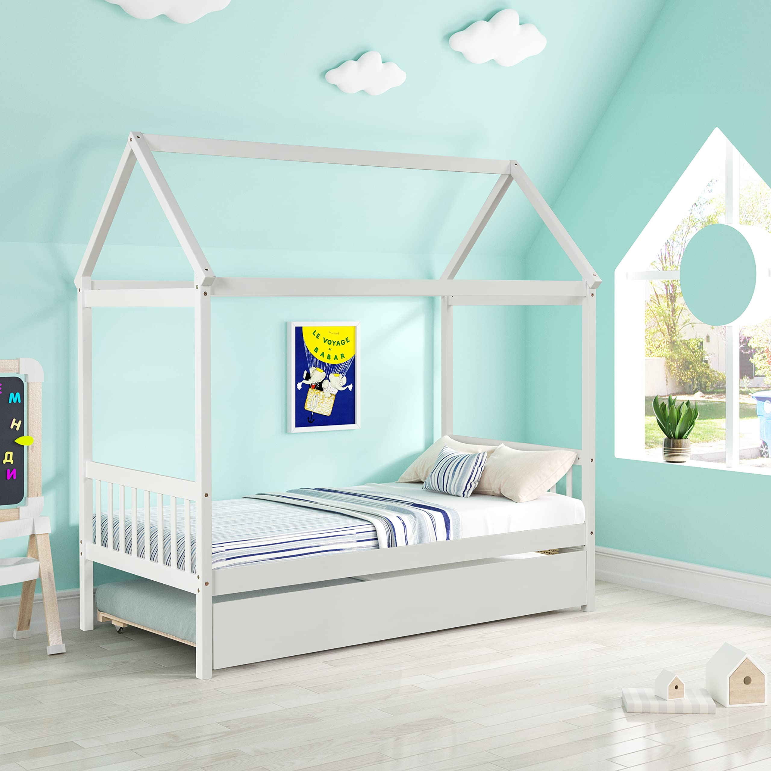 Merax Twin Size Wooden House Bed with Trundle - White Kids Bed Frame with Roof, Headboard & Footboard for Girls and Boys | Perfect for Bedroom Decor & Playtime