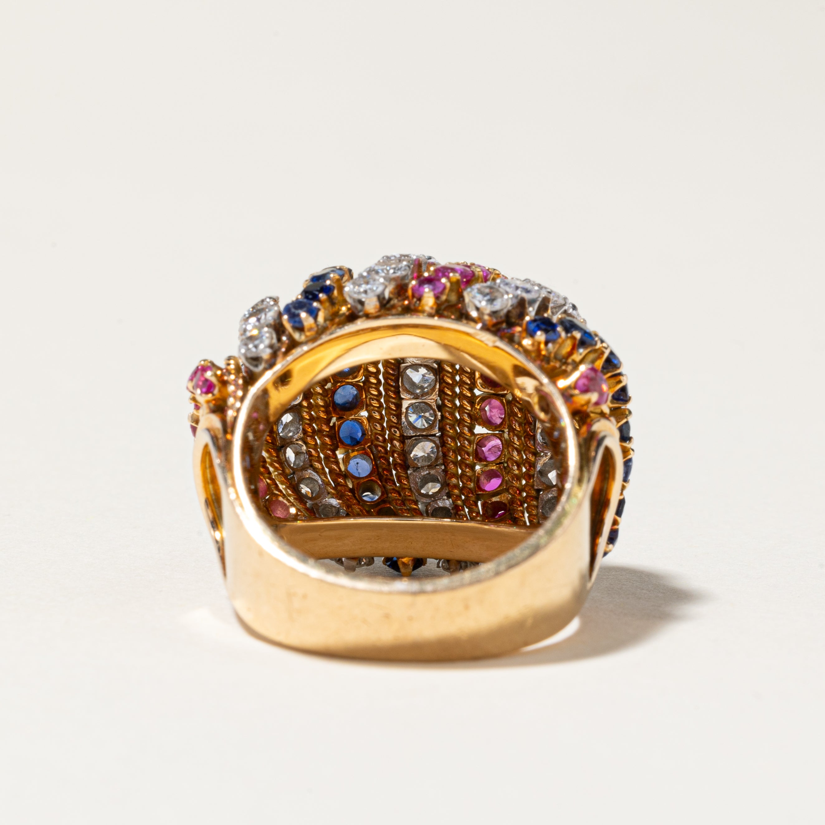 18K Yellow Gold Ruby Sapphire & Diamond Dome Ring - 1.01ctw Ruby, 1.01ctw Sapphire, 1.60ctw Diamond - Size 5.25 | Elegant Statement Jewelry for Weddings, Anniversaries & Special Occasions
