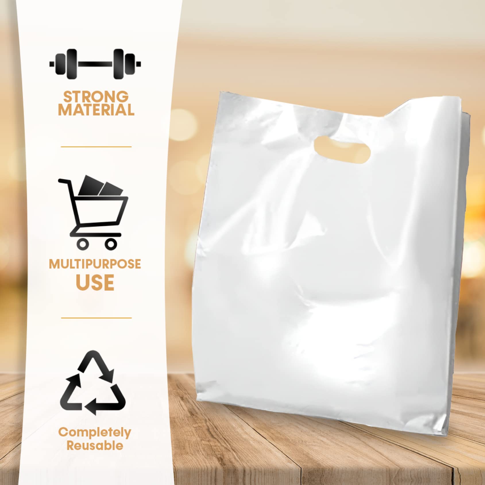 Wholesale Plastic Retail Bags 9x12, 12x15, 15x18 Inches - Durable White Merchandise Store Bags for Shopping, Boutique & Gift Packaging